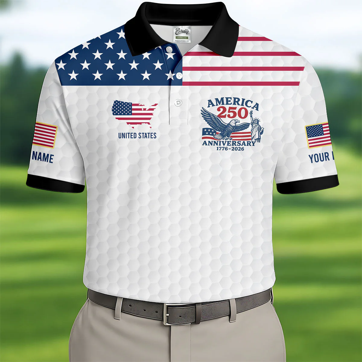 America 250 Anniversary 1776-2026 Golf Ball Pattern - Personalized Polo Shirt - Gift For Dad, Grandpa, Golf Lovers