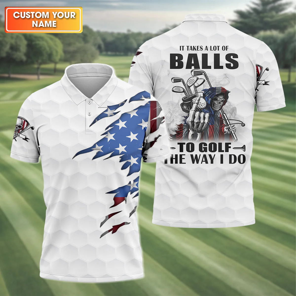 America 250 Anniversary Skeleton It Takes a Lot of Balls to Golf the Way I Do - Personalized Polo Shirt - Gift For Dad, Grandpa, Golf Lovers - Image 2