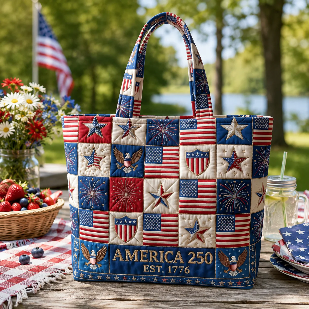 America 250 Est 1776 Patriotic Stars And Stripes - Personalized Quilted Tote Bag - Gift For Her, Patriots - Image 3