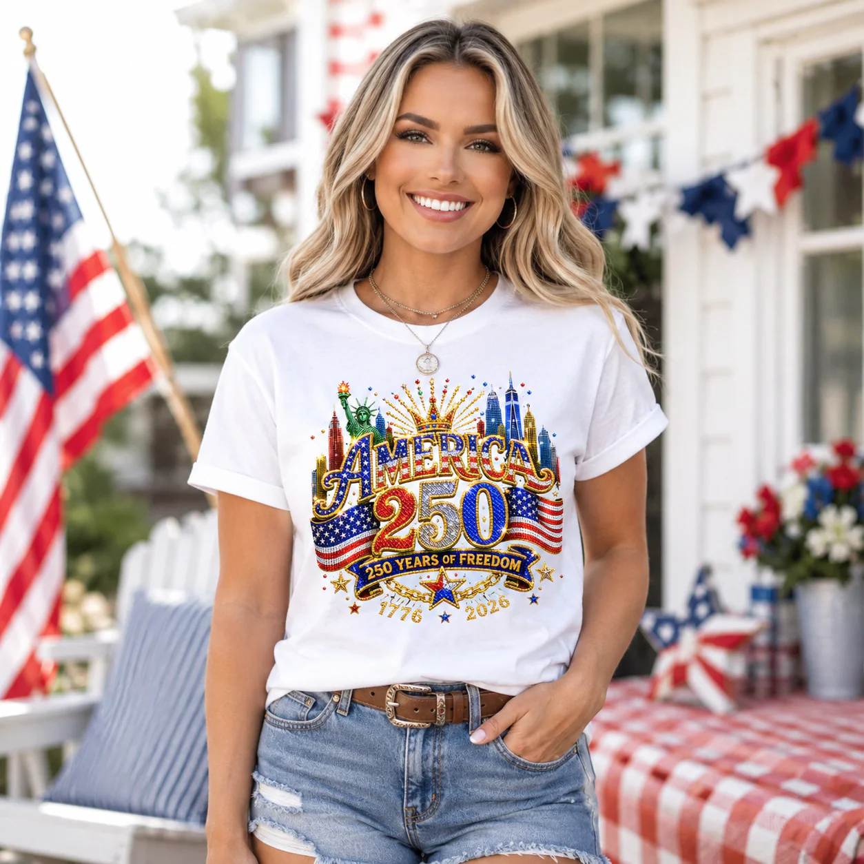 America 250 Patriotic Freedom Statue Of Liberty - Personalized Shirt - Gift For Her - Image 3