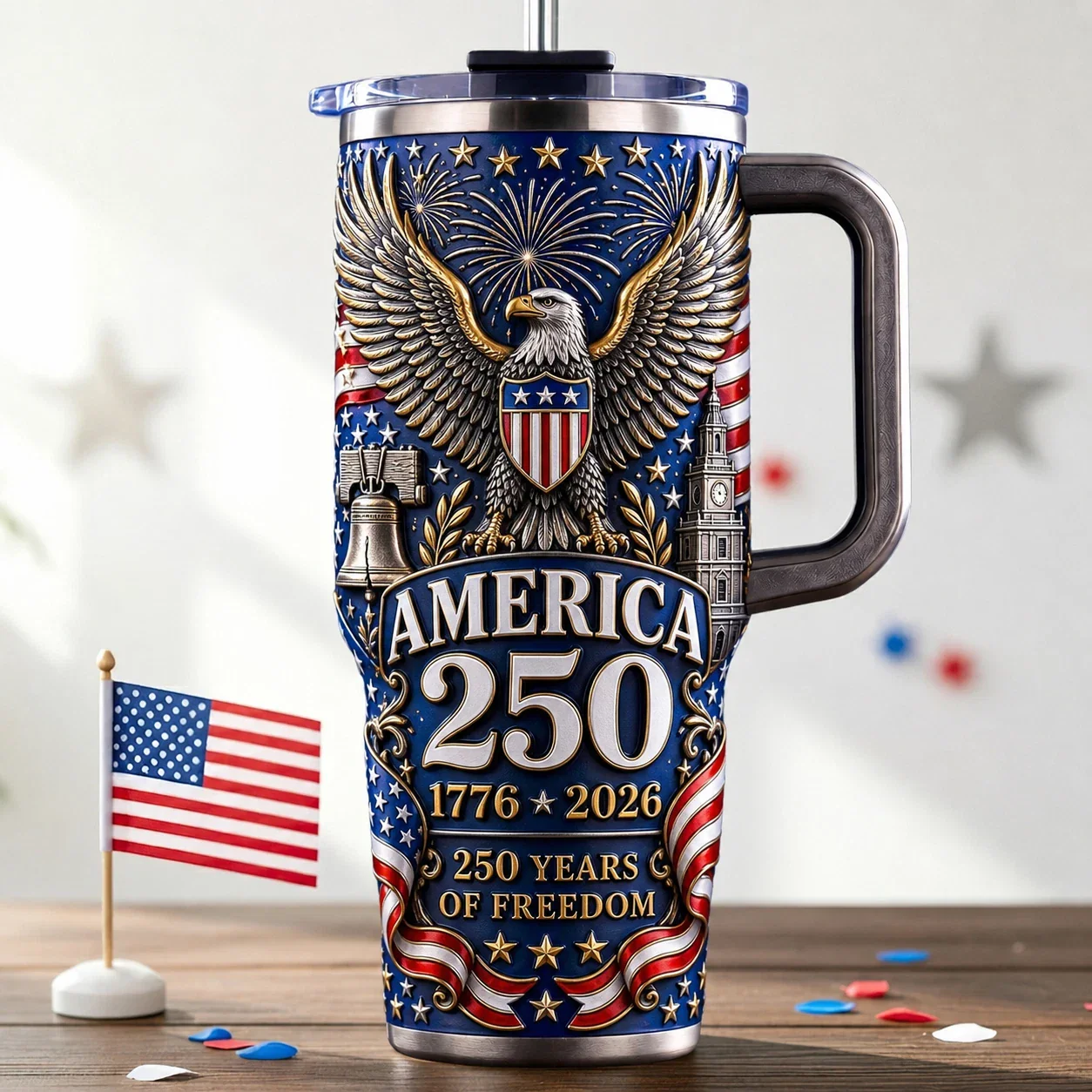 America 250 Years of Freedom 1776 2026 Eagle Fireworks - Patriotic Tumbler - Gift For Patriots