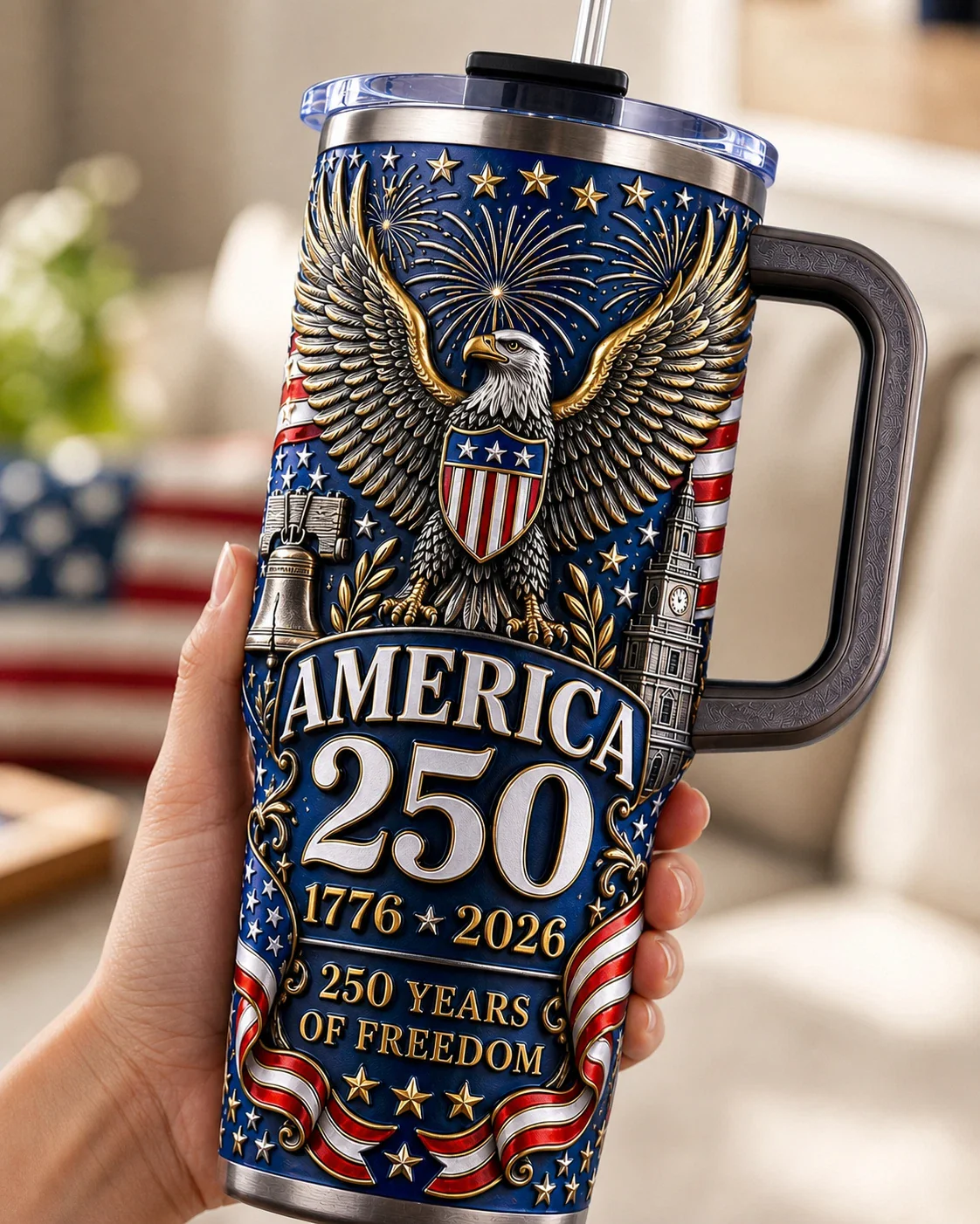 America 250 Years of Freedom 1776 2026 Eagle Fireworks - Patriotic Tumbler - Gift For Patriots - Image 5