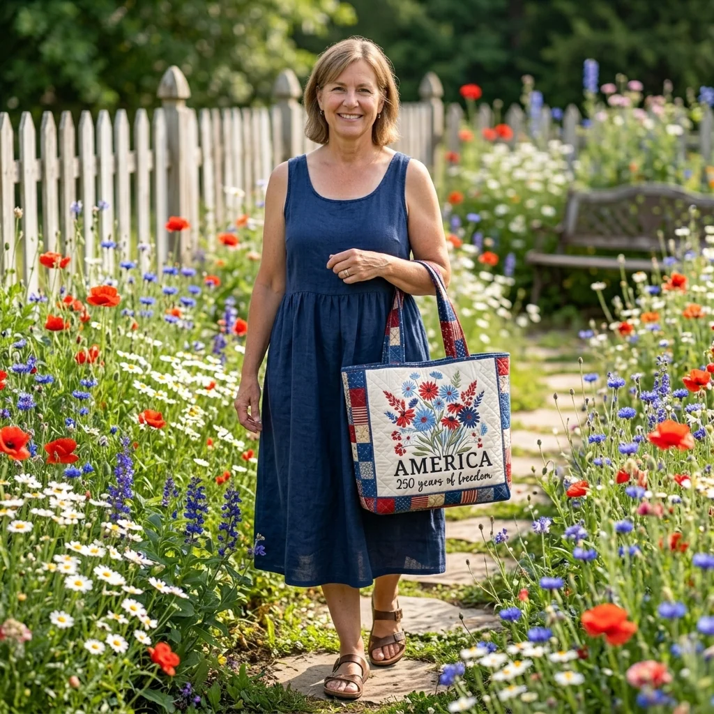 America 250 Years Of Freedom Flower - Quilted Tote Bag - Patriotic Gift For Her - Image 3