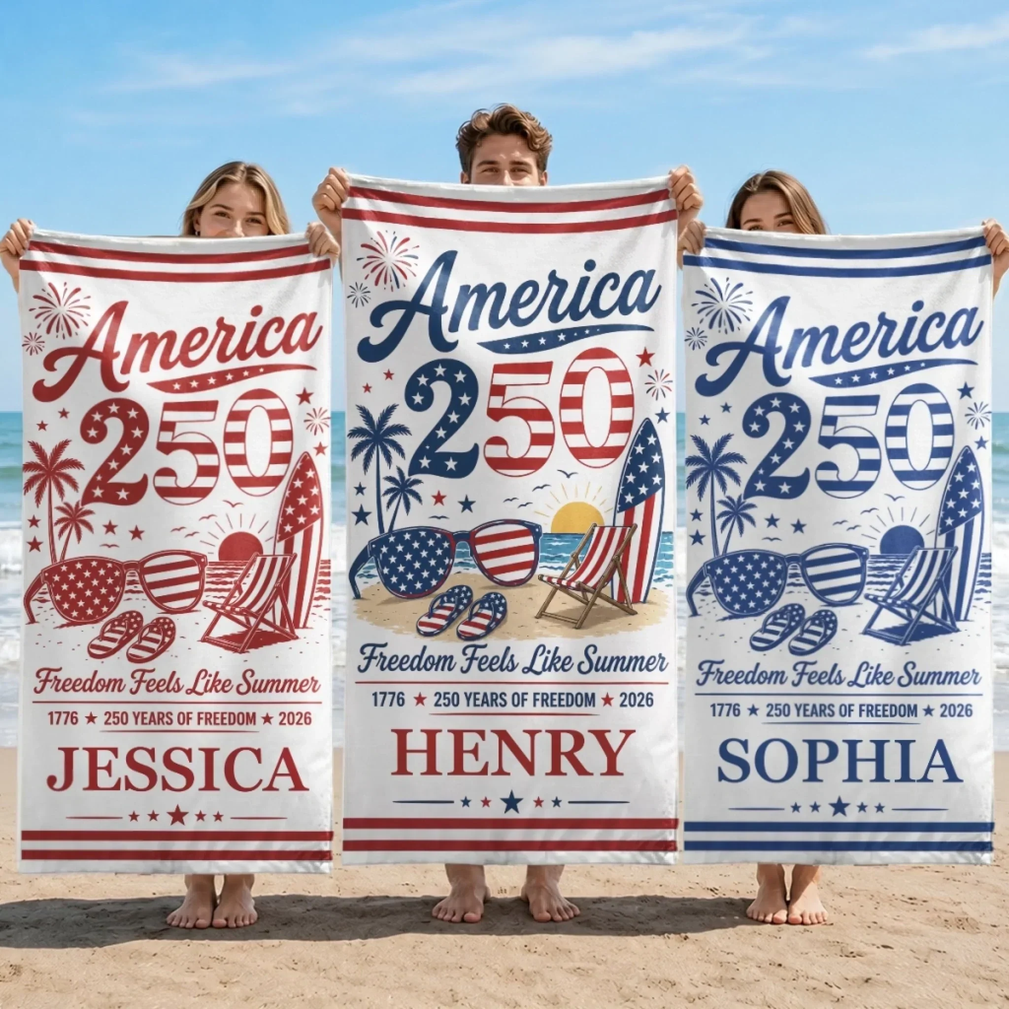 America 250 Years Of Freedom Freedom Feels Like Summer - Personalized Beach Towel - Gifts For Patriots
