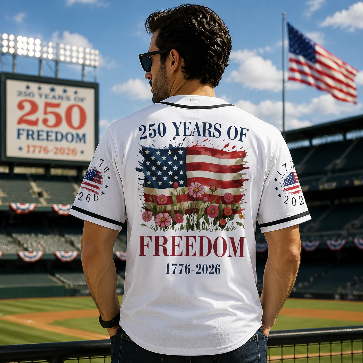 America 250 Years of Freedom Red White Blue Flag And Flowers - Personalized Baseball Jersey - Gift For Patriots - Image 3