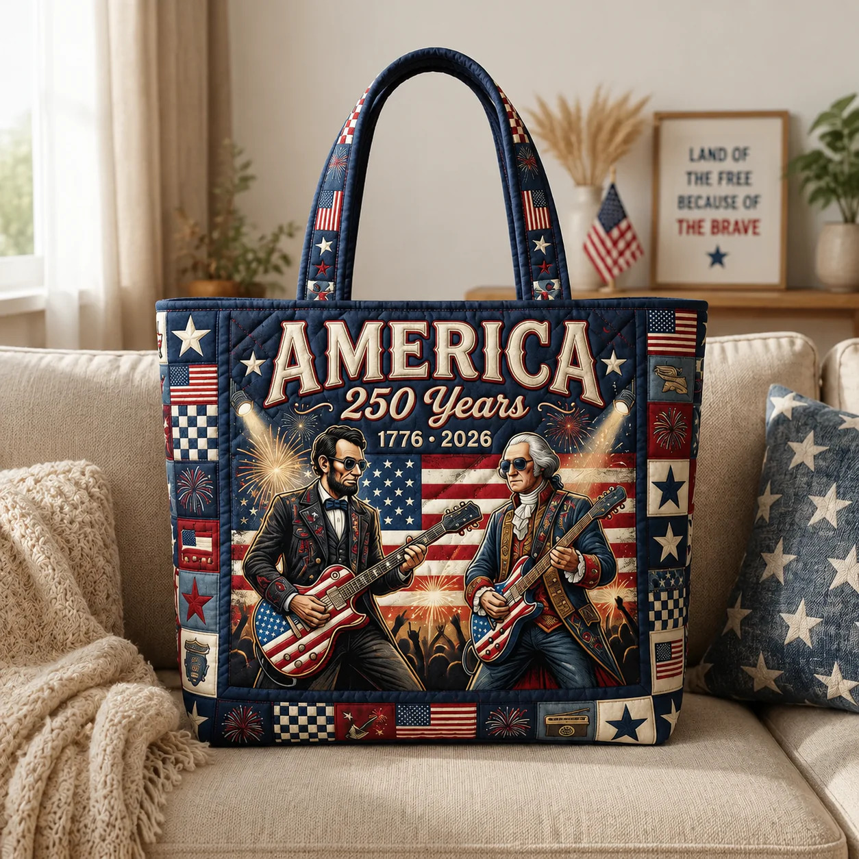 America 250 Years Of Freedom Rock Guitar - Quilted Tote Bag - Gift For Patriots