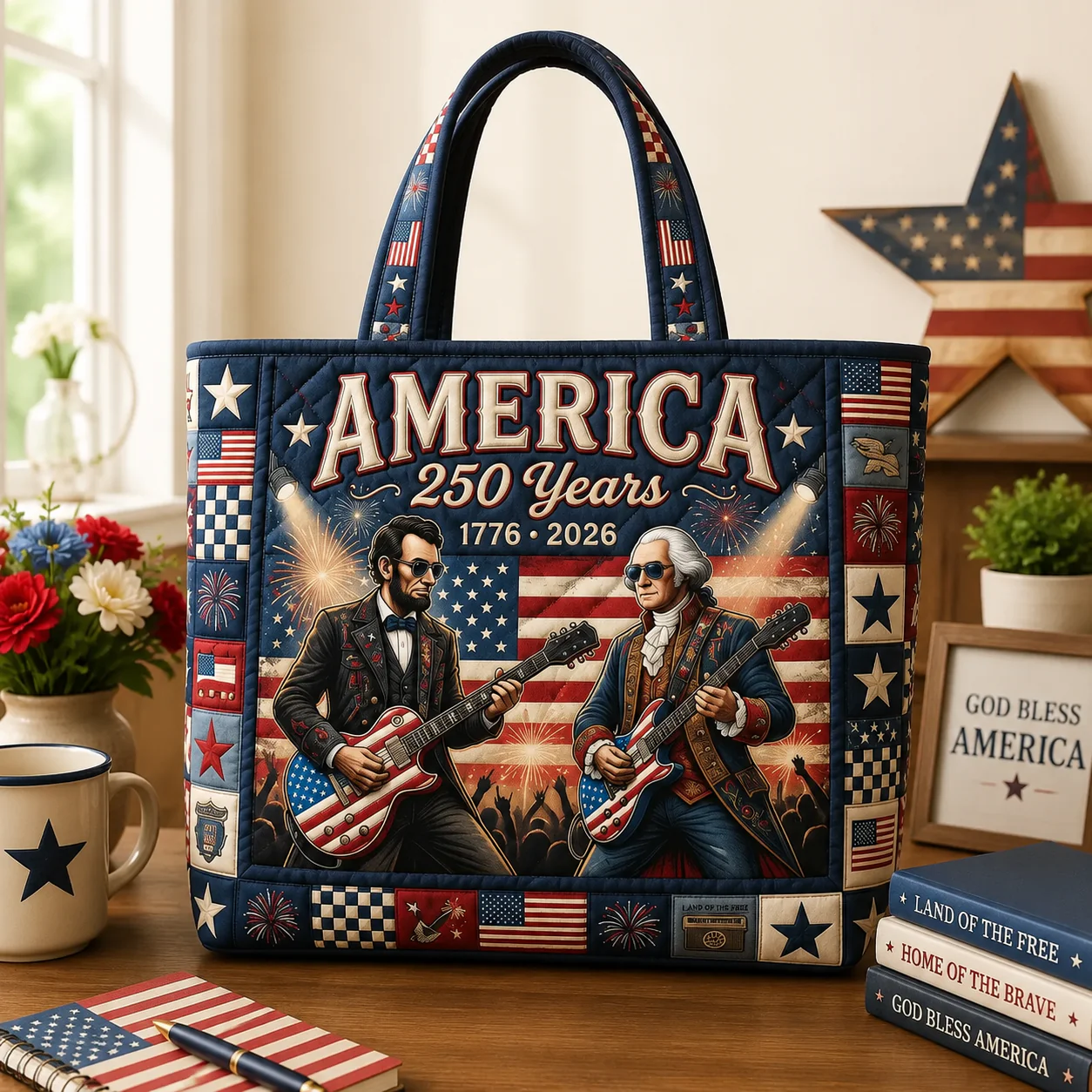 America 250 Years Of Freedom Rock Guitar - Quilted Tote Bag - Gift For Patriots - Image 2