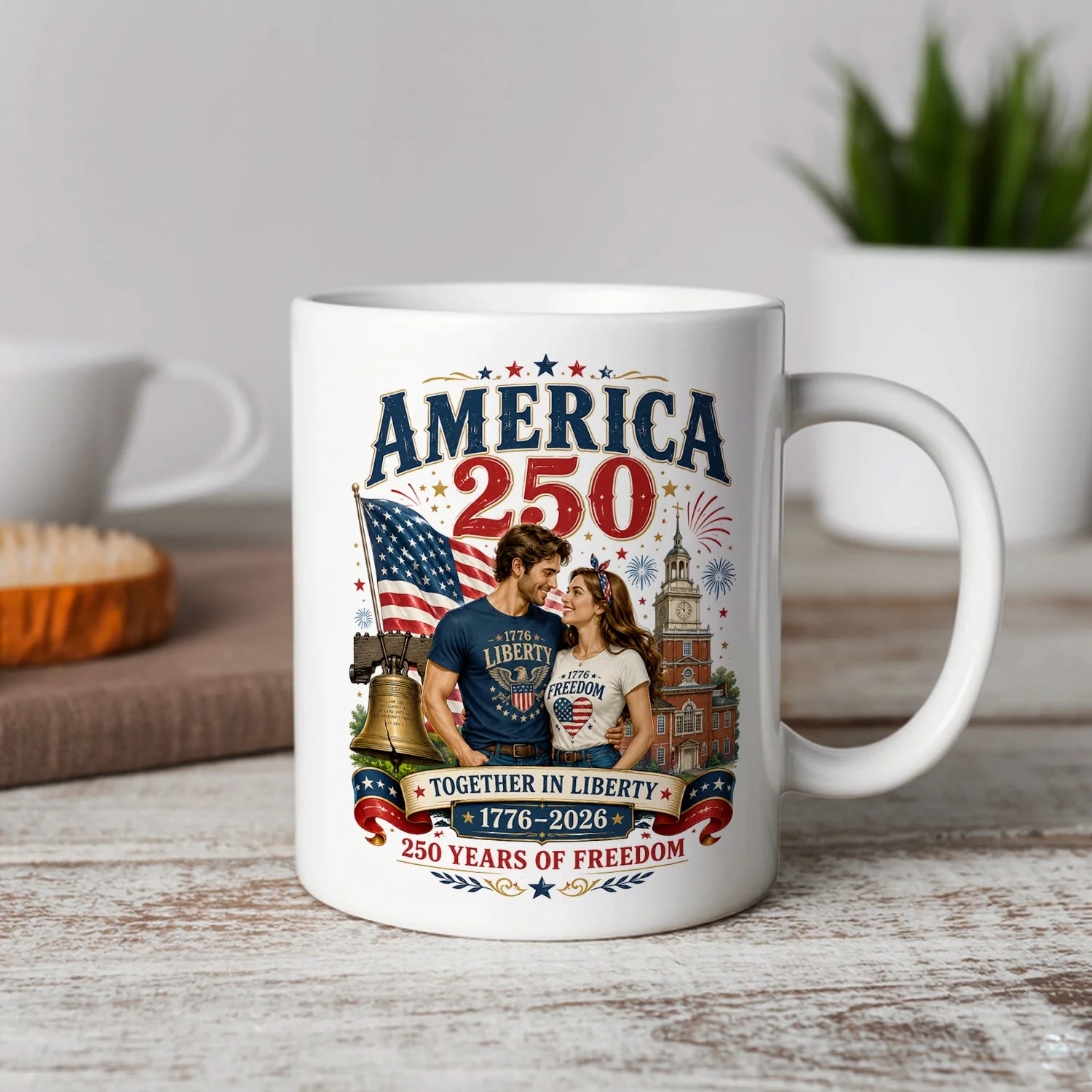 America 250 Years Of Freedom Together In Liberty - White Ceramic Mug - Gift For Patriotic Couple VD01