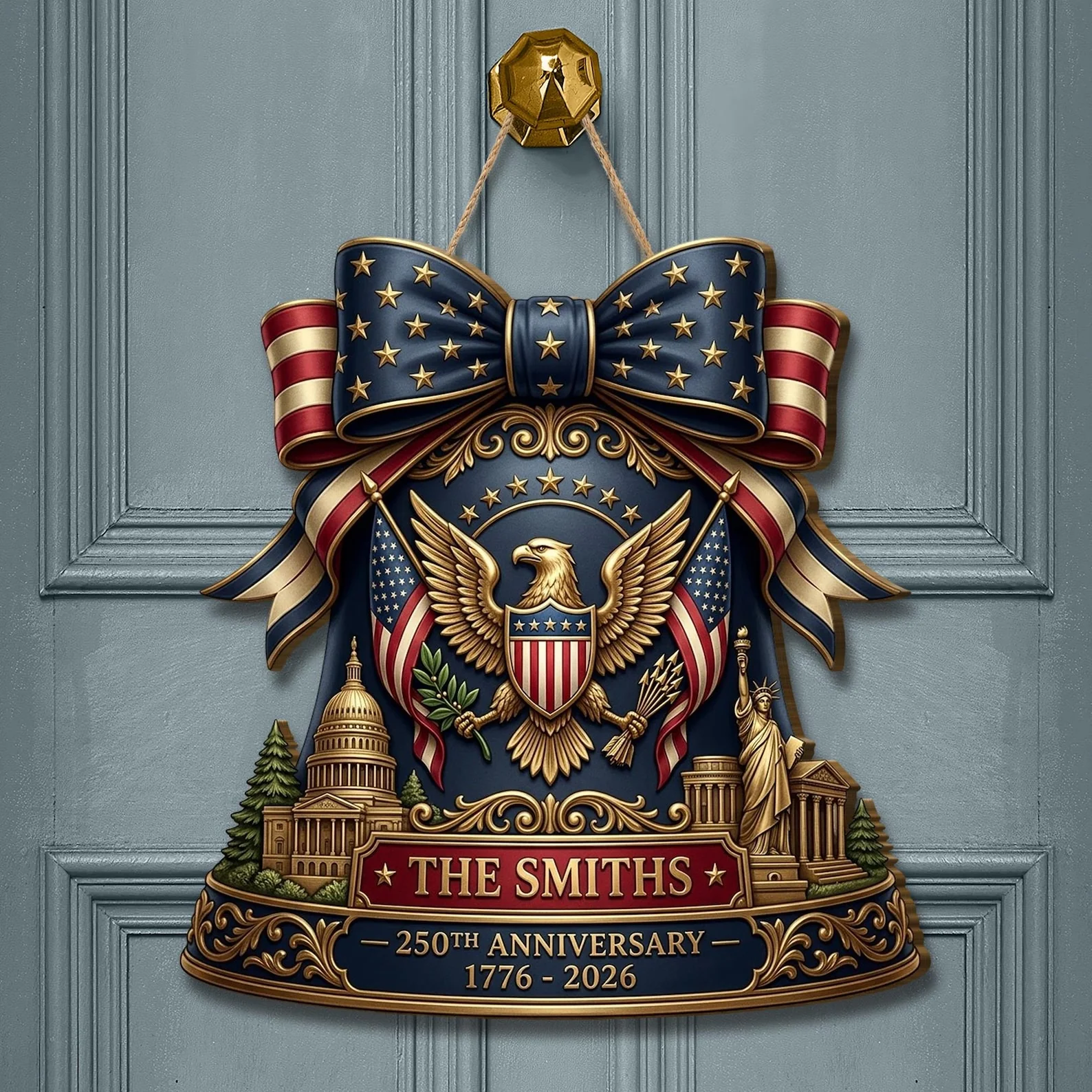 America 250th Anniversary Bell Door Hanger - Personalized Wood Sign - Gift For Patriotic Family