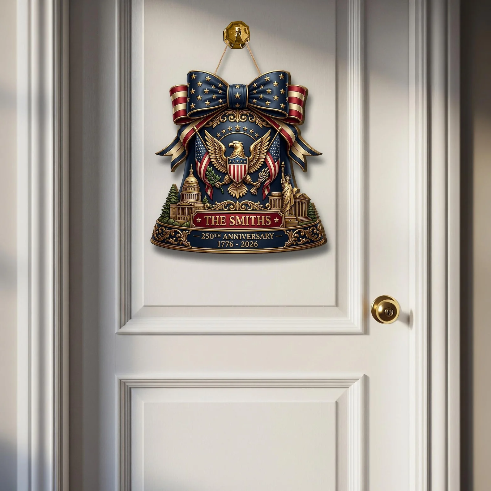 America 250th Anniversary Bell Door Hanger - Personalized Wood Sign - Gift For Patriotic Family - Image 3