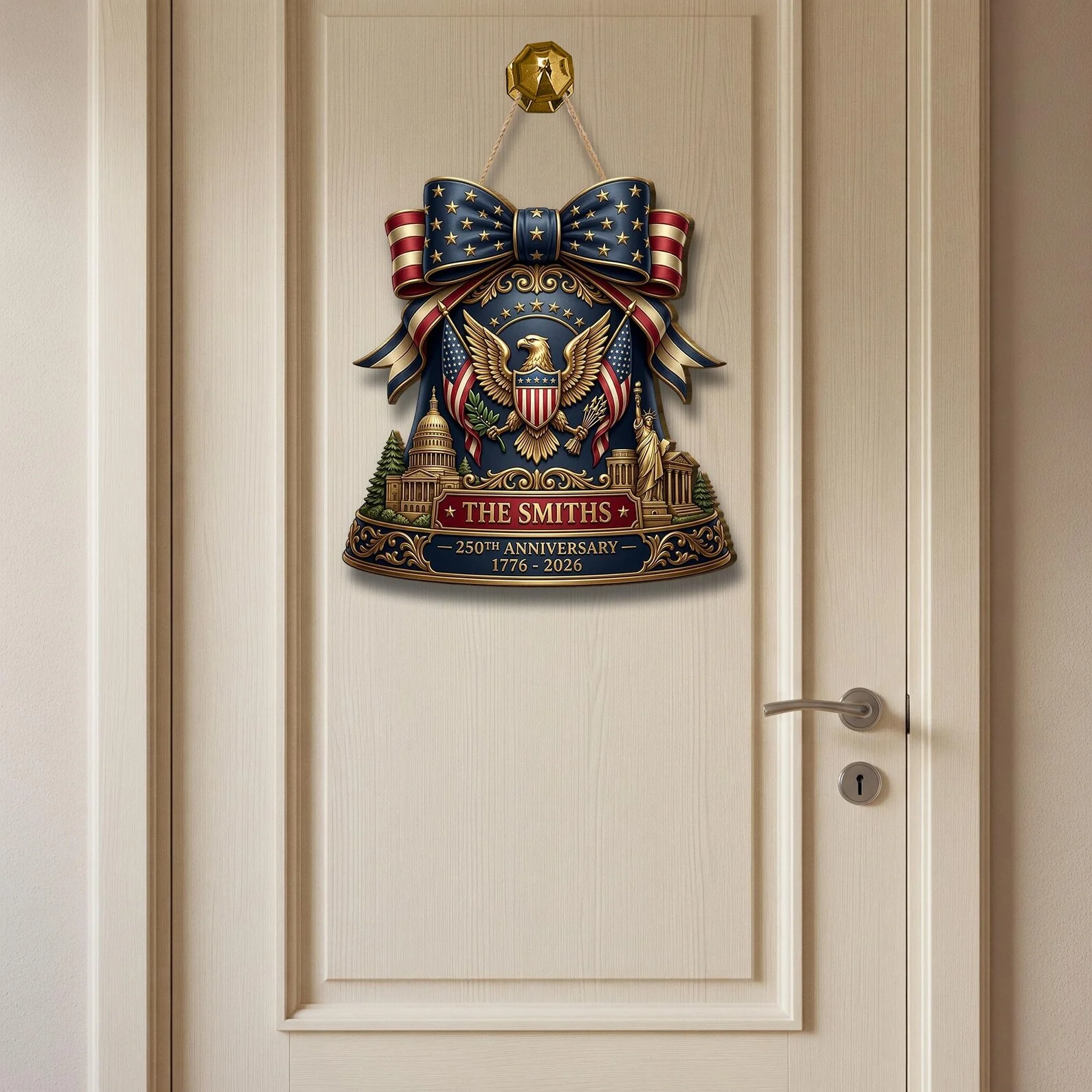 America 250th Anniversary Bell Door Hanger - Personalized Wood Sign - Gift For Patriotic Family - Image 6