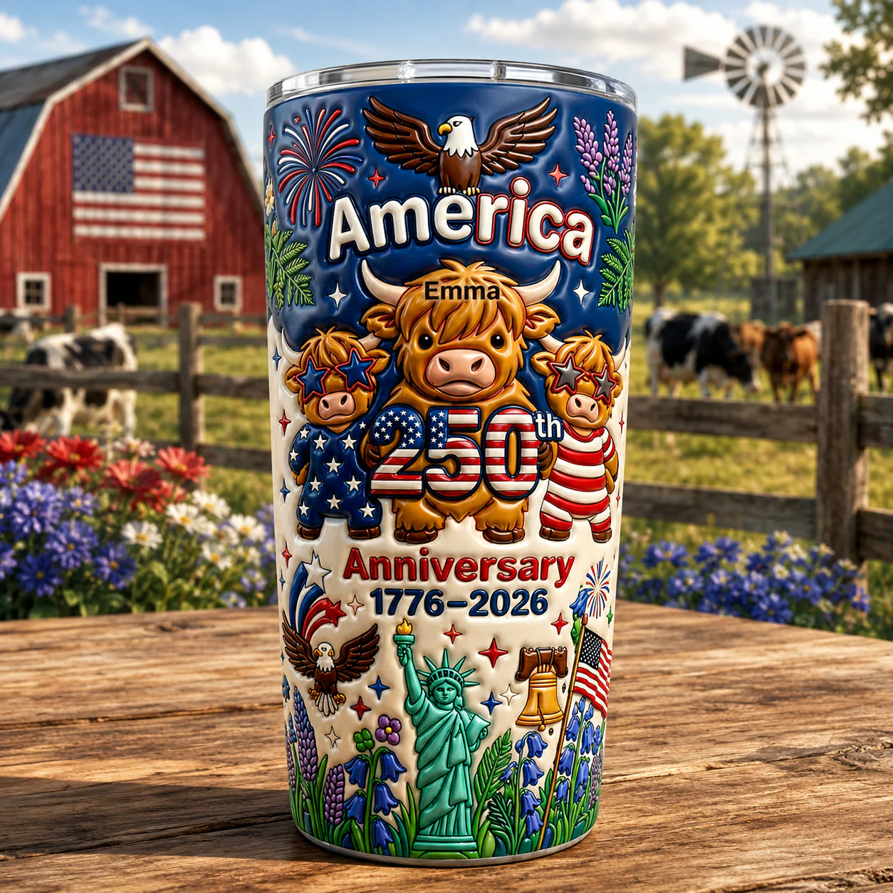 America 250th Anniversary Cute Patriotic Highland Cow - Personalized Stainless Steel Tumbler - Gift For Patriots