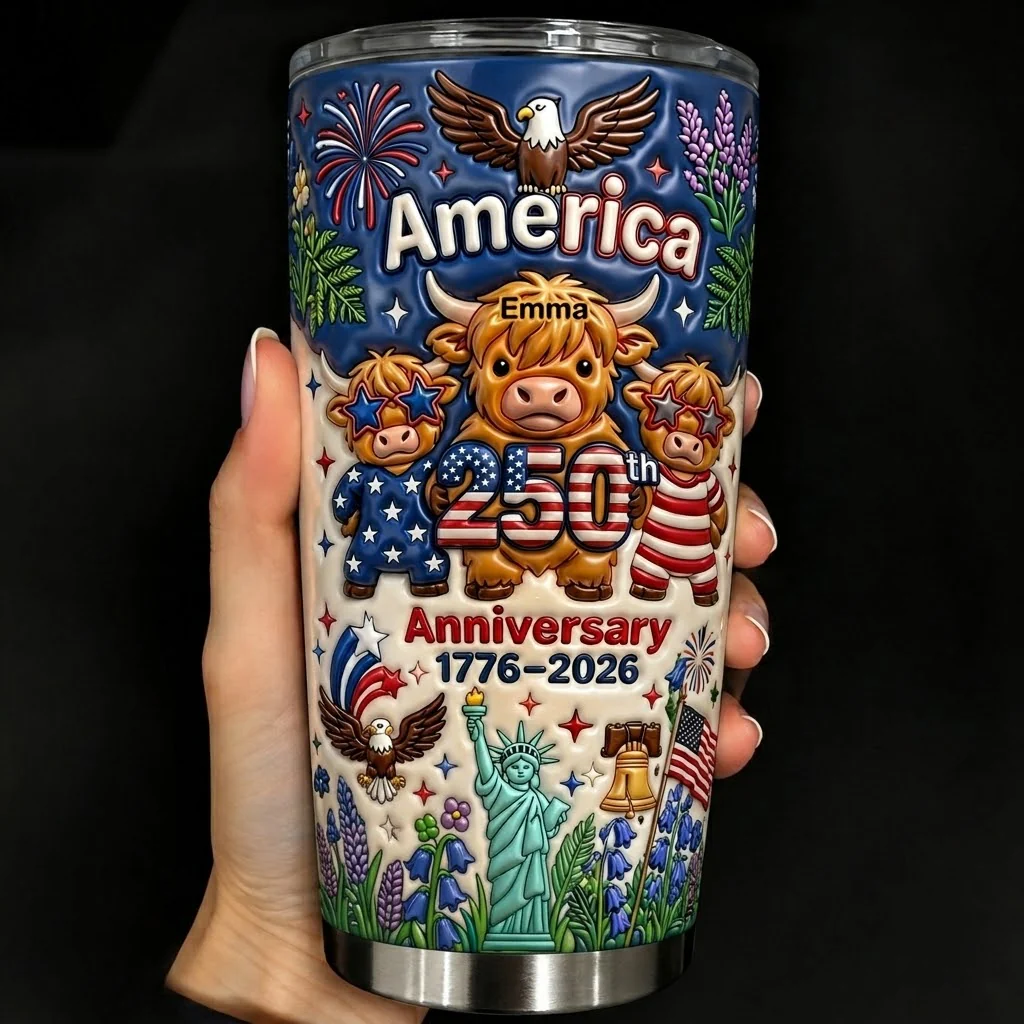 America 250th Anniversary Cute Patriotic Highland Cow - Personalized Stainless Steel Tumbler - Gift For Patriots - Image 2