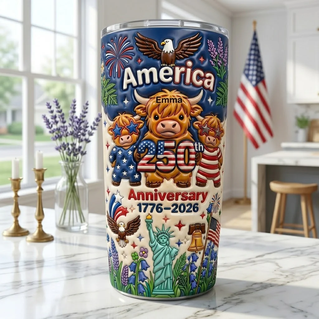 America 250th Anniversary Cute Patriotic Highland Cow - Personalized Stainless Steel Tumbler - Gift For Patriots - Image 3
