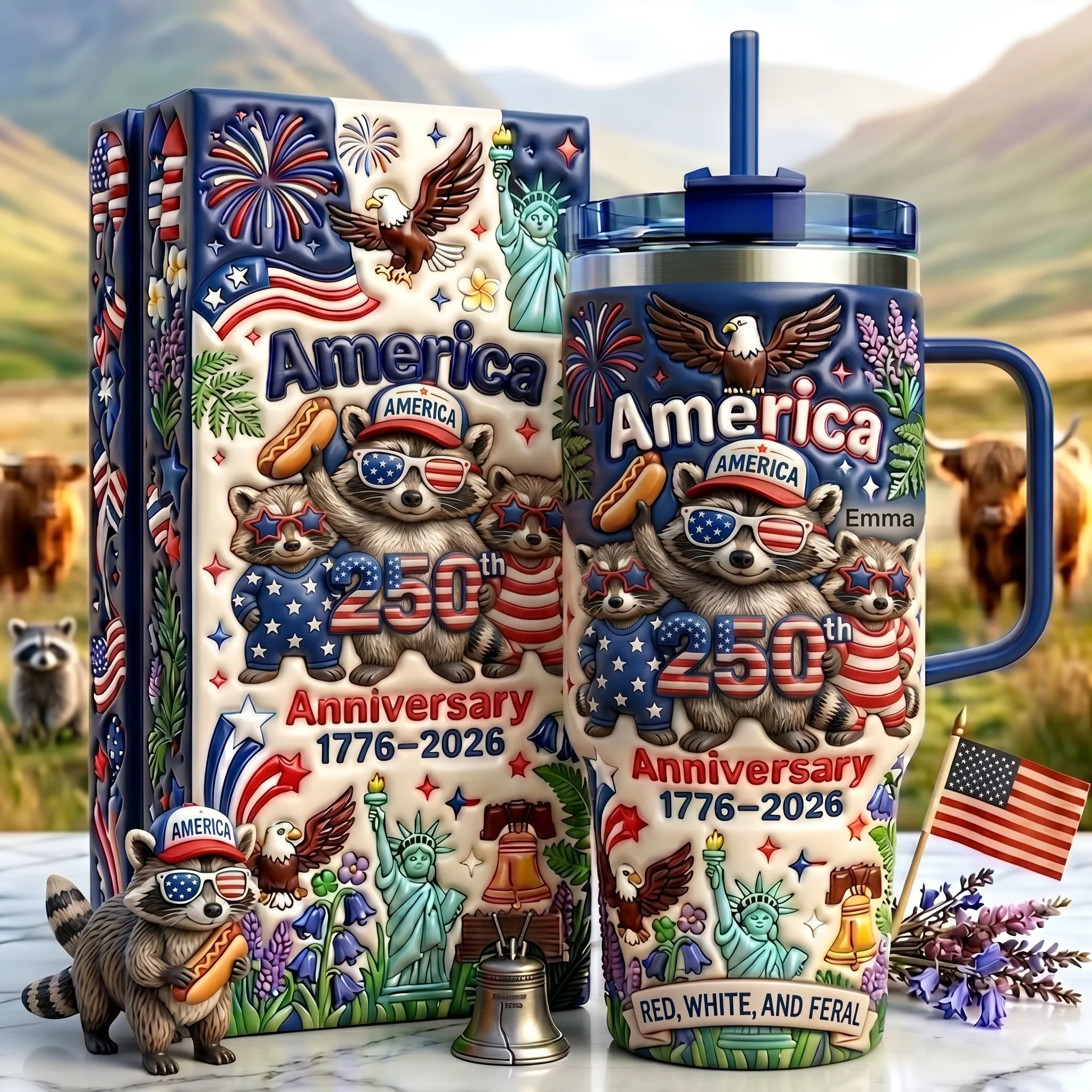 America 250th Anniversary Cute Patriotic Raccoon - Personalized Tumbler - Gift For Patriots