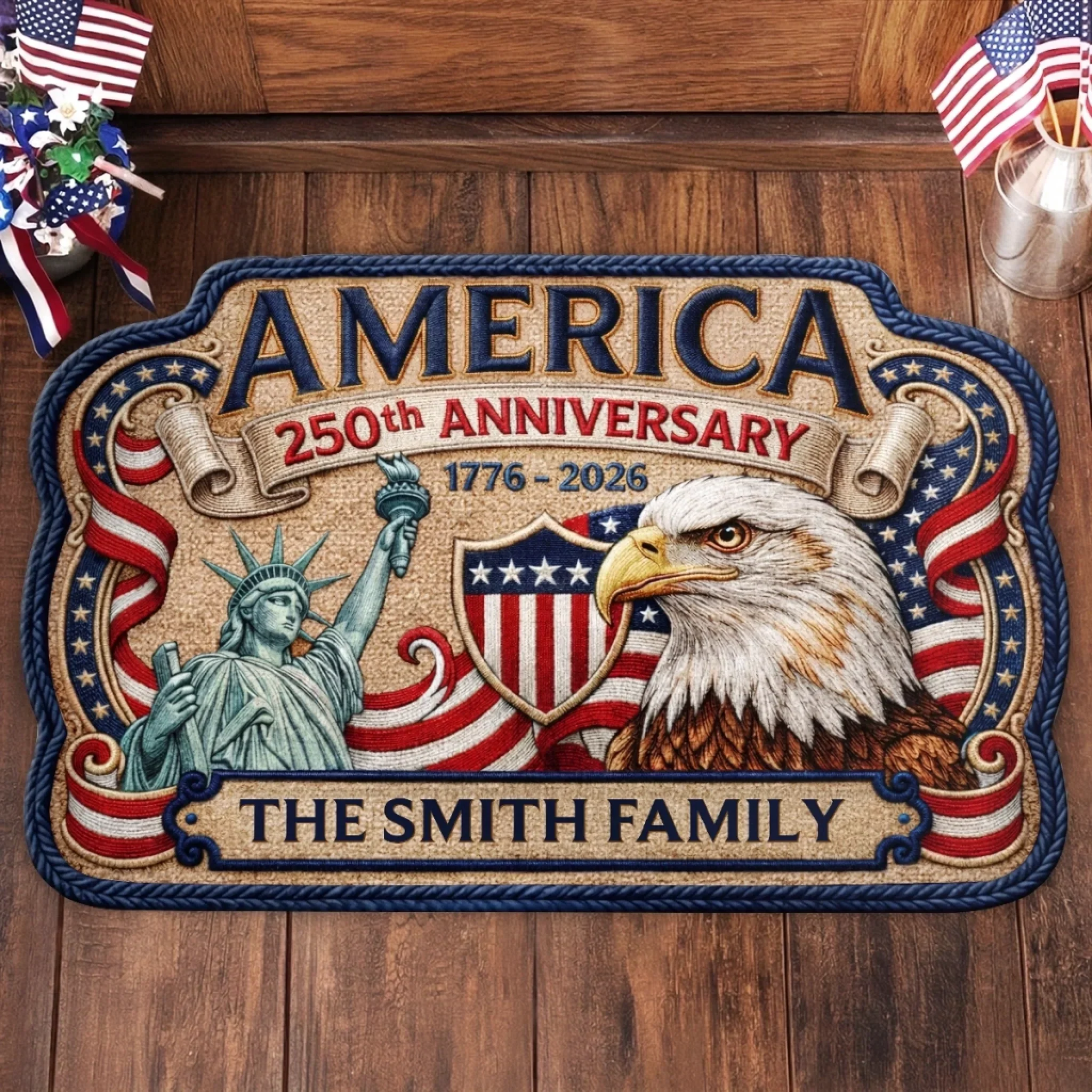 America 250th Anniversary Eagle Statue Of Liberty - Personalized Doormat - Gift For Patriotic Family