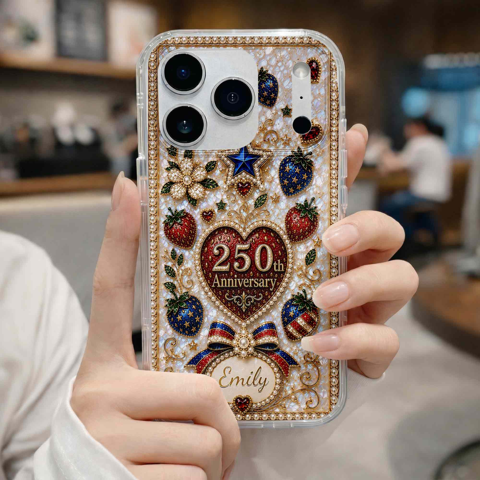 America 250th Anniversary Jewel Strawberry And Heart - Personalized Bling Phone Case - Gift For Patriots - Image 14