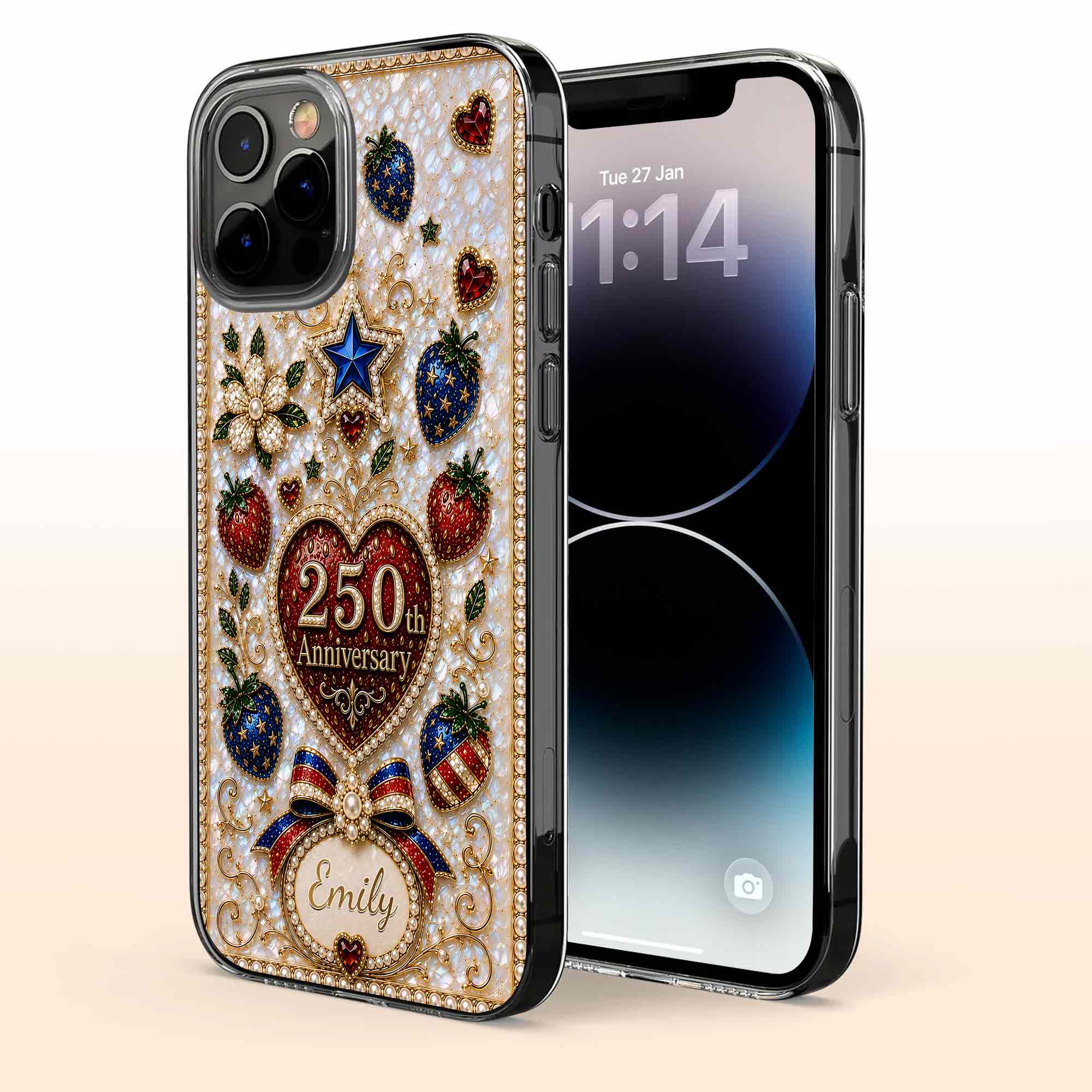 America 250th Anniversary Jewel Strawberry And Heart - Personalized Bling Phone Case - Gift For Patriots - Image 8
