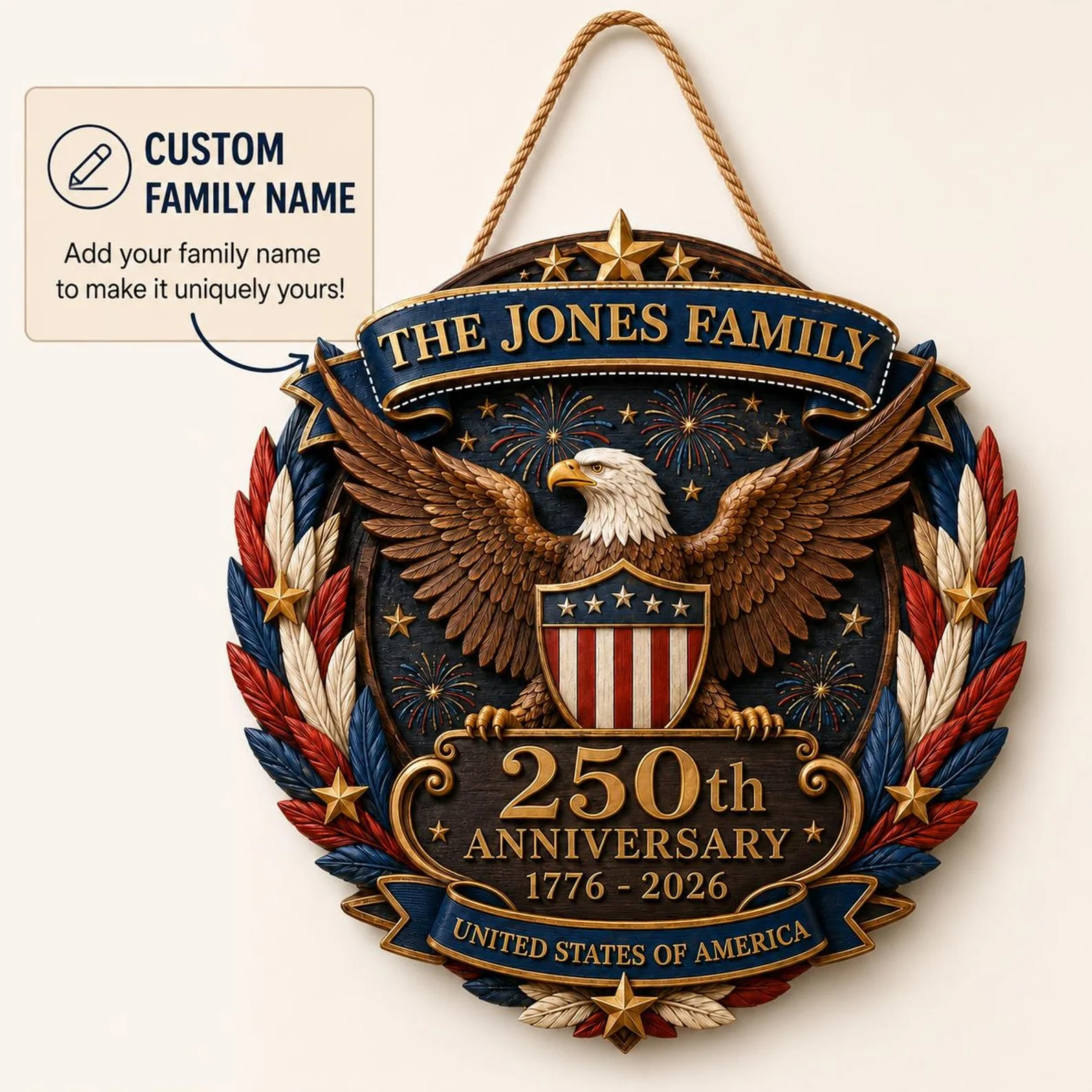 America 250th Anniversary Patriotic Eagle - Personalized Wood Sign - Gift For Patriotic Family - Image 3