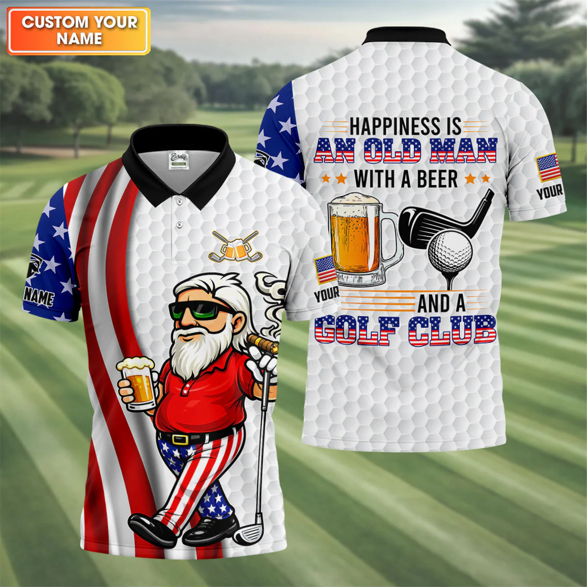 America 250th Anniversary Happiness Is An Old Patriotic Man With A Beer Funny - Personalized Polo Shirt - Gift For Dad, Grandpa, For Golf And Beer Lovers - Image 3