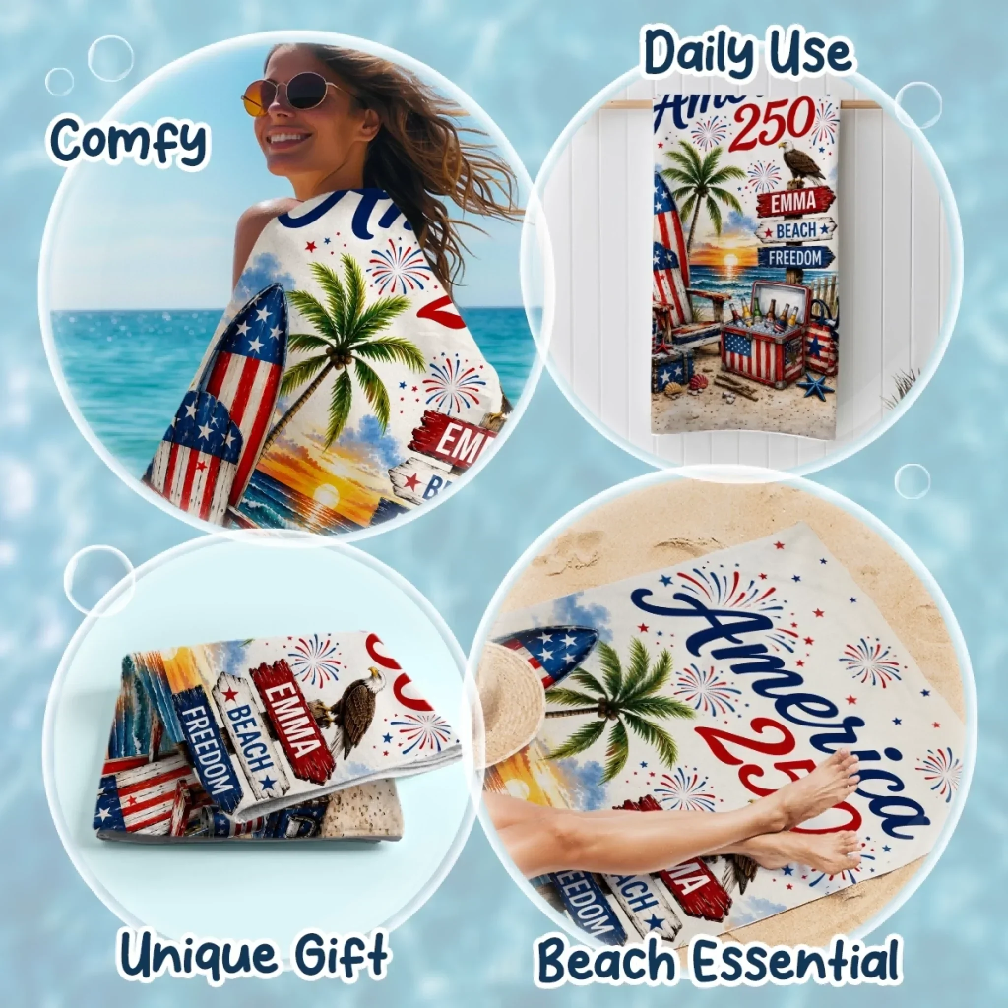 America 250th Anniversary Stars Stripes And Proud Hearts Summer Vacation And Travel - Personalized Beach Towel - Gifts For Patriots - Image 4