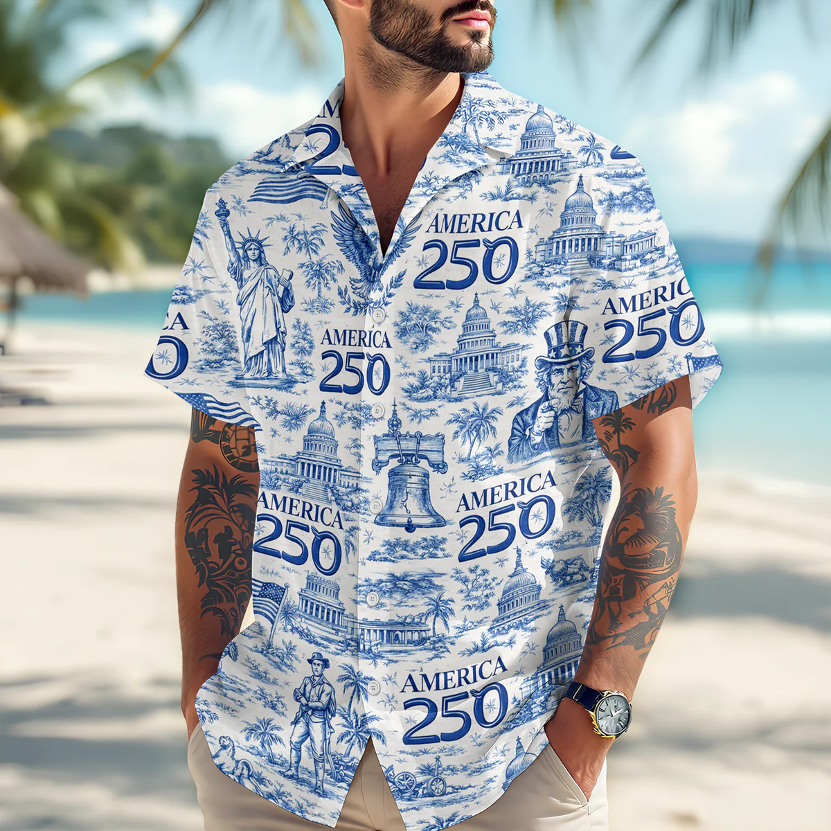 America 250th Anniversary Toile De Jouy Style - Hawaiian Shirt - Gift for Dad, Husband, Grandpa HN02 - Image 2