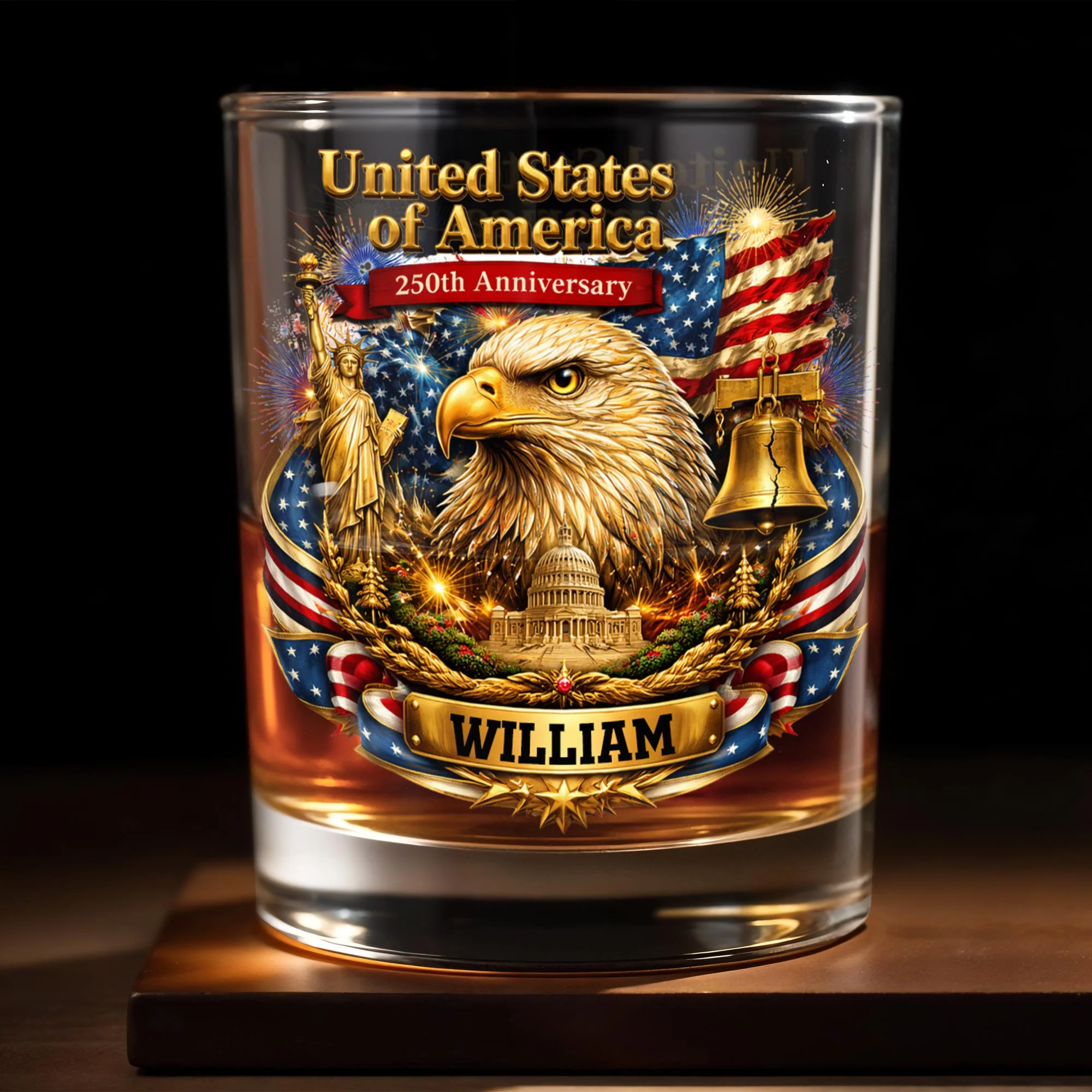 America Anniversary Eagle And Liberty - Personalized Whiskey Glass - Gift For Patriots