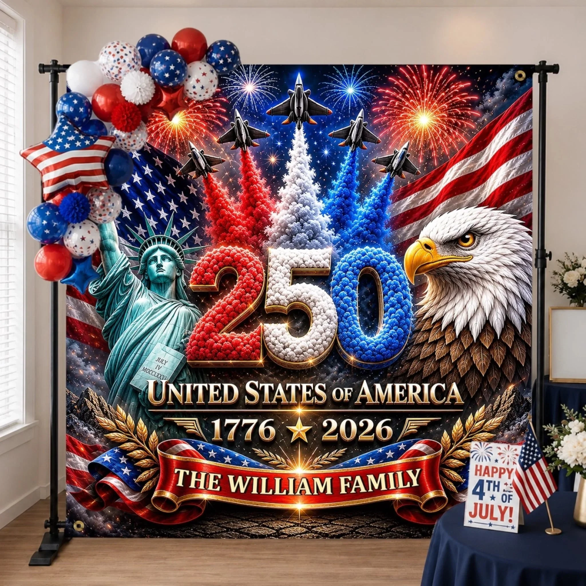 America Eagle & Statue of Liberty 250th Anniversary Party Banner - Personalized Backdrop - Gift For Patriotic Family - Image 2