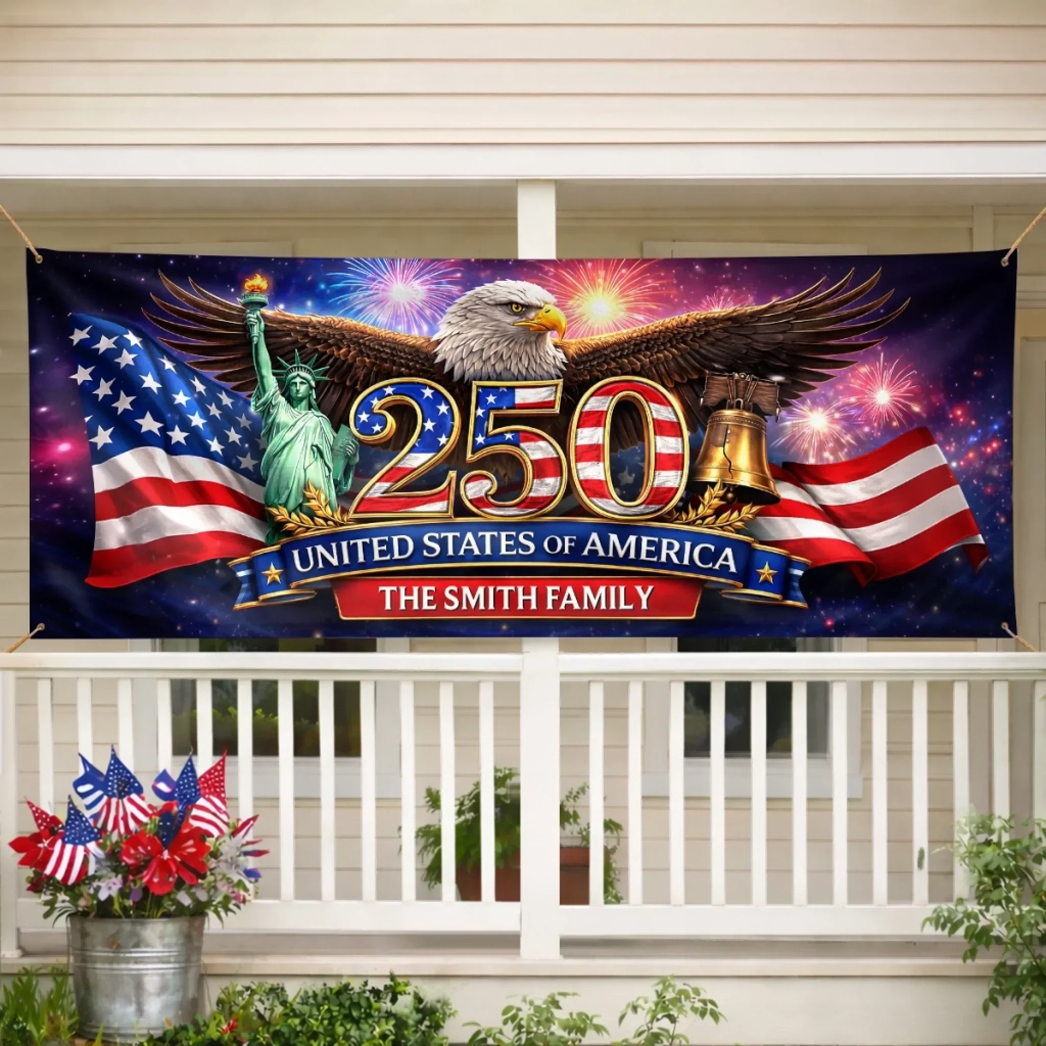 America Flag 250th Anniversary Patriotic Eagle Freedom Starts Fireworks - Personalized Outdoor Banner - Gift For Patriotic Family