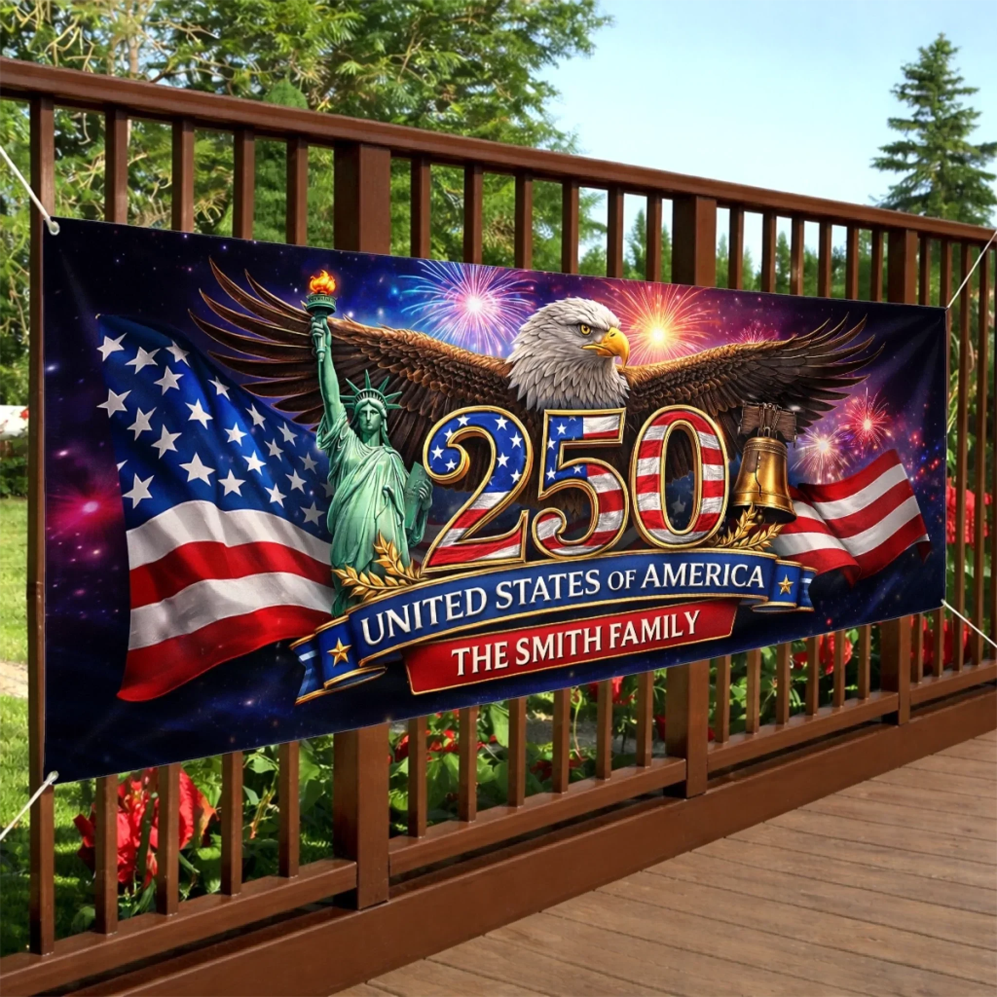 America Flag 250th Anniversary Patriotic Eagle Freedom Starts Fireworks - Personalized Outdoor Banner - Gift For Patriotic Family - Image 3