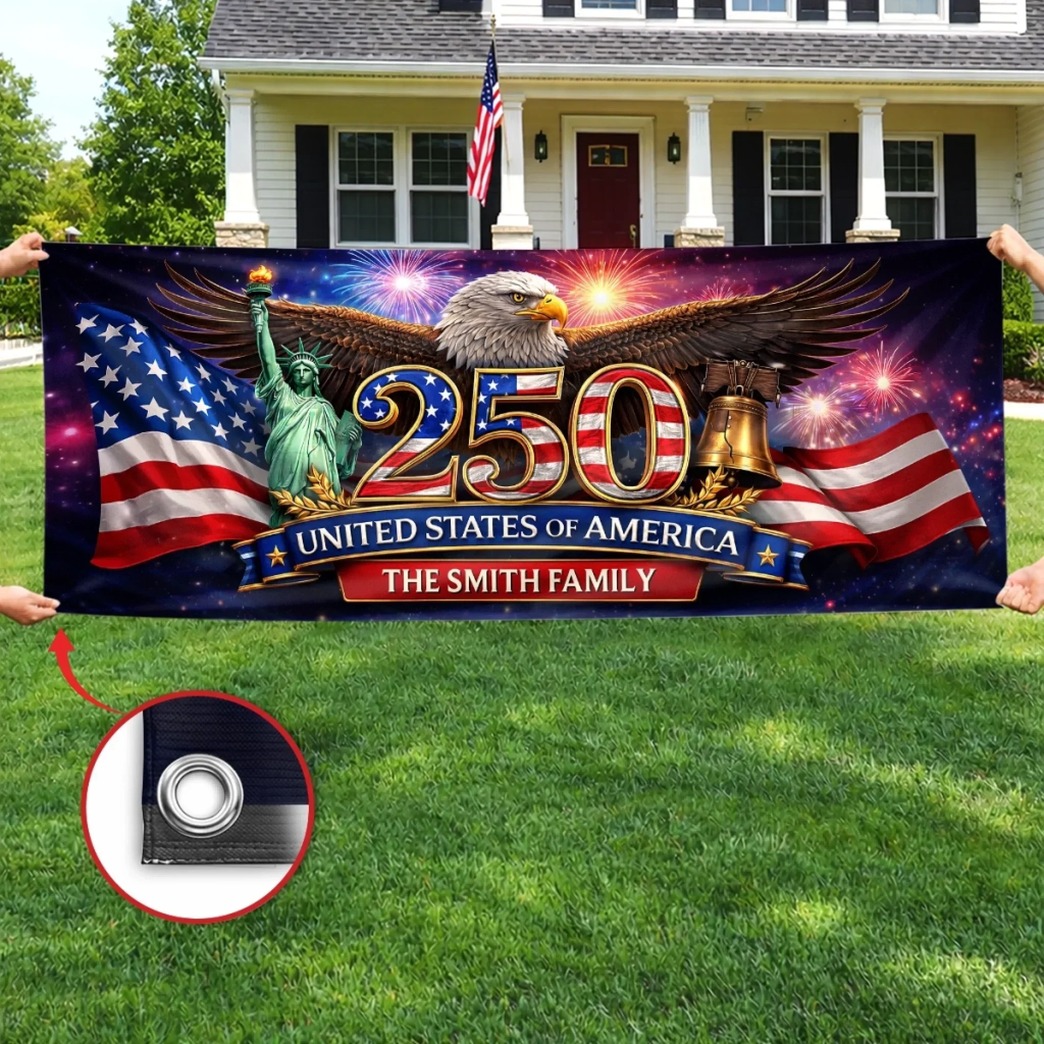 America Flag 250th Anniversary Patriotic Eagle Freedom Starts Fireworks - Personalized Outdoor Banner - Gift For Patriotic Family - Image 4