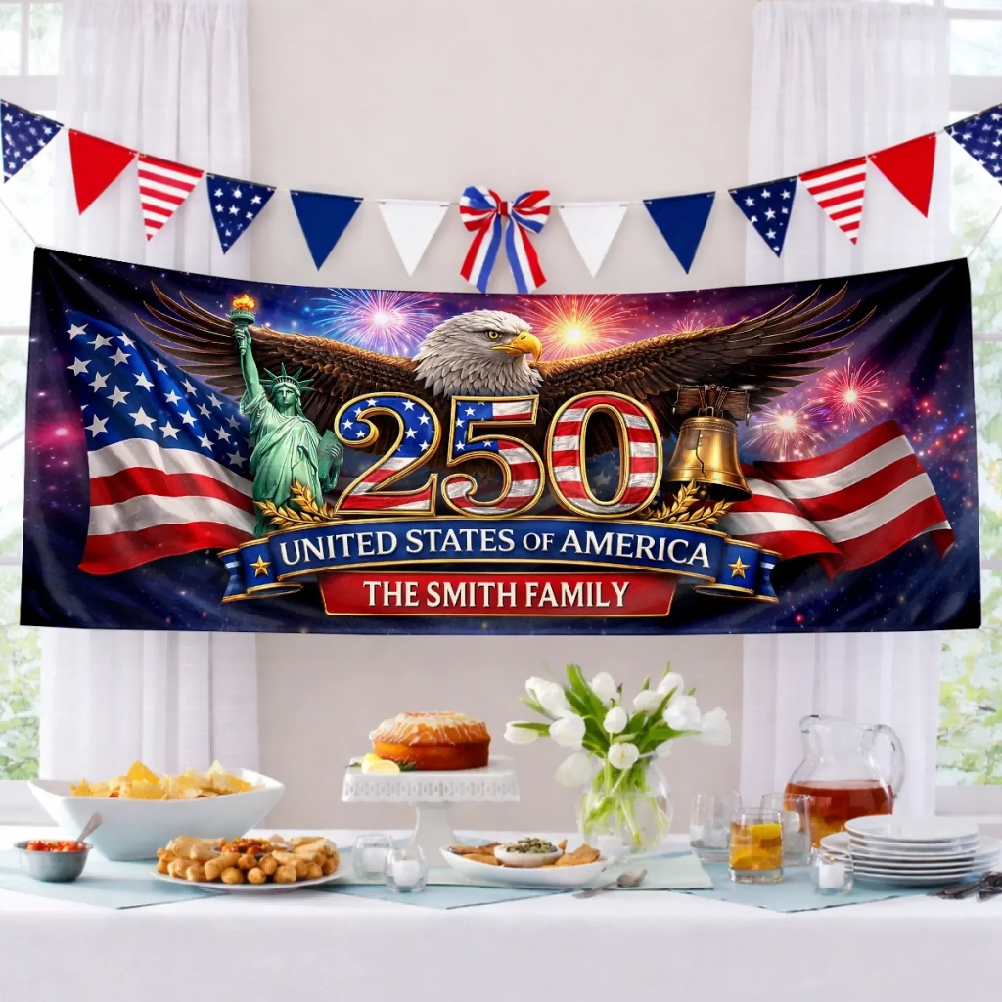America Flag 250th Anniversary Patriotic Eagle Freedom Starts Fireworks - Personalized Outdoor Banner - Gift For Patriotic Family - Image 5