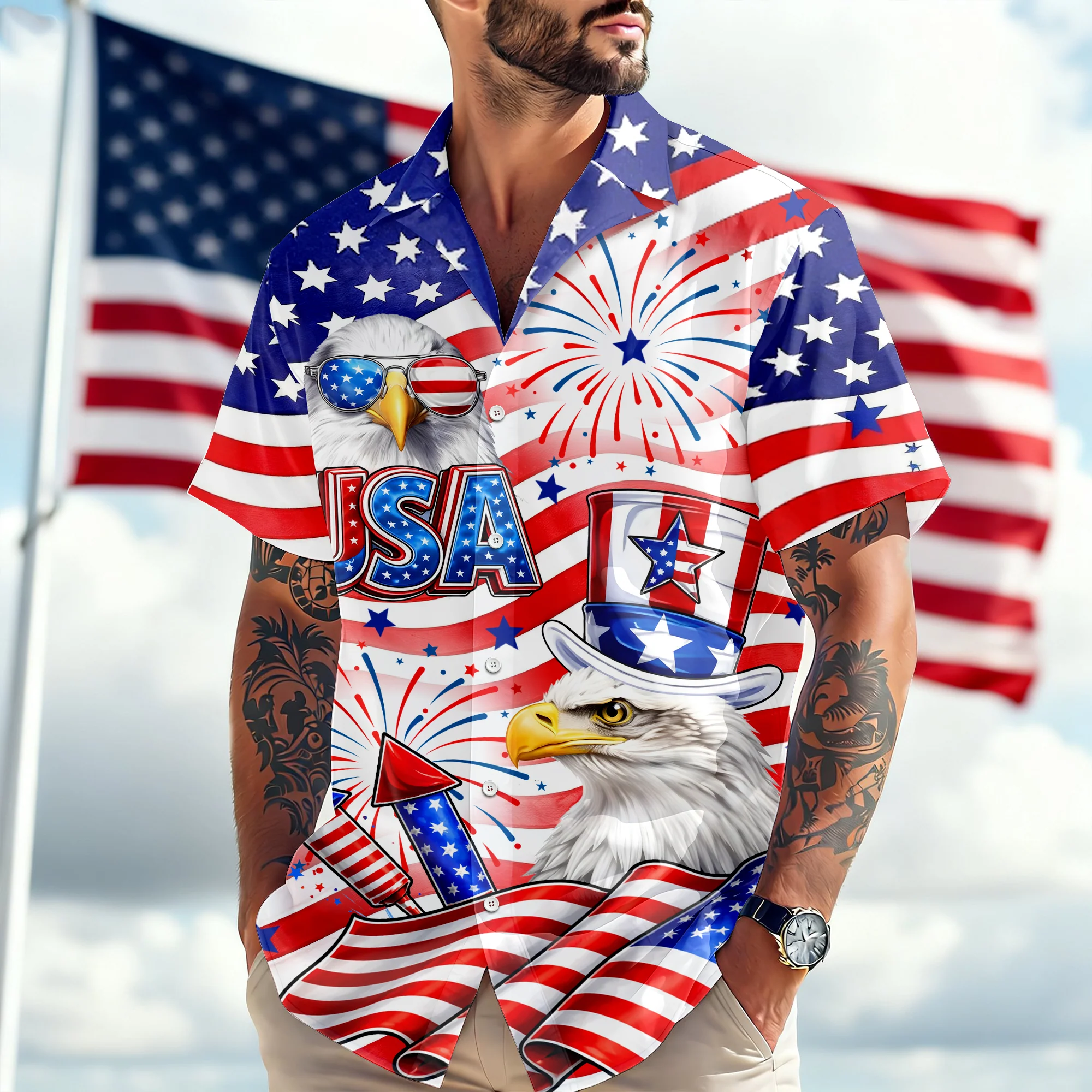 America Flag Patriotic Eagle Red White Blue - Hawaiian Shirt - Gift For Men, Patriots