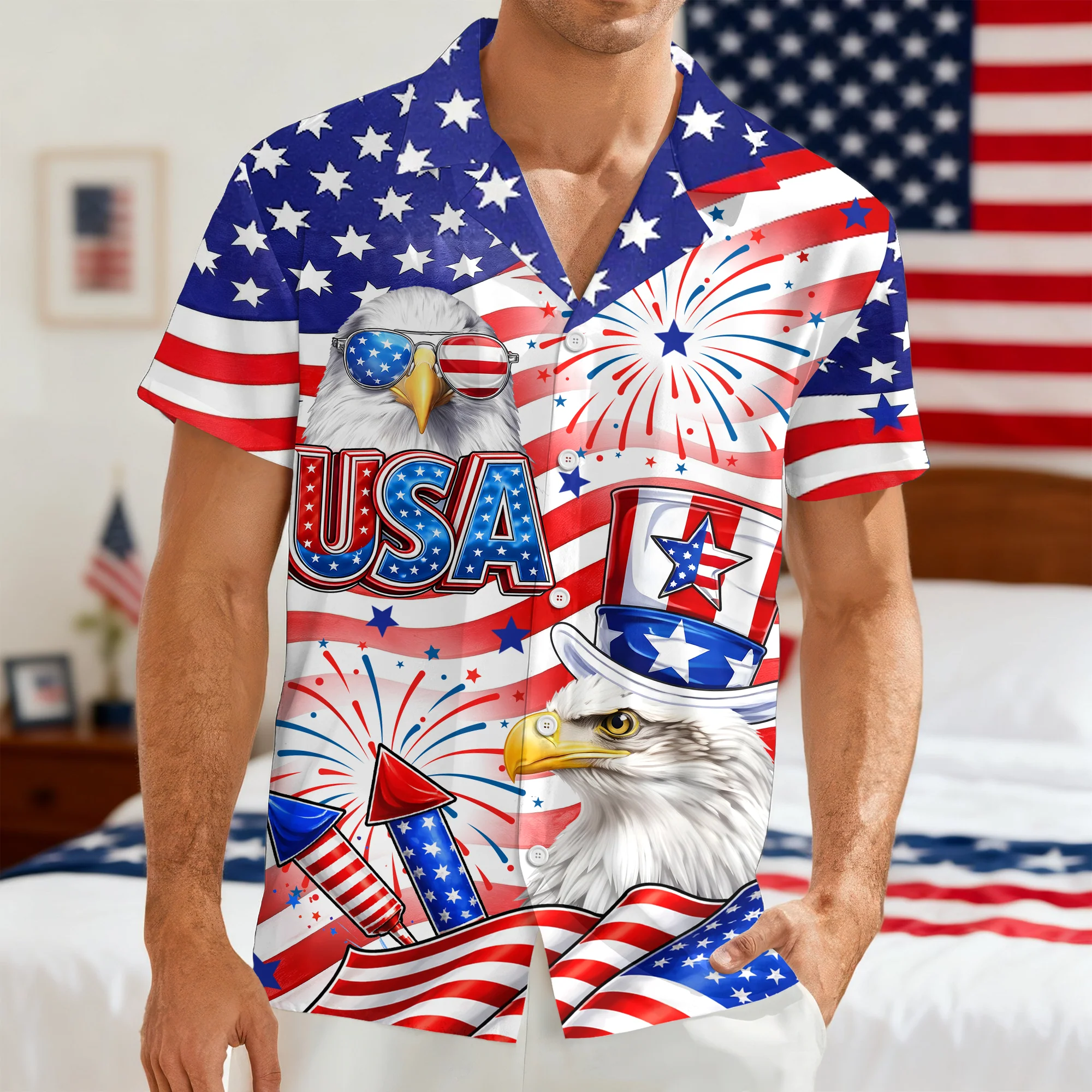 America Flag Patriotic Eagle Red White Blue - Hawaiian Shirt - Gift For Men, Patriots - Image 2