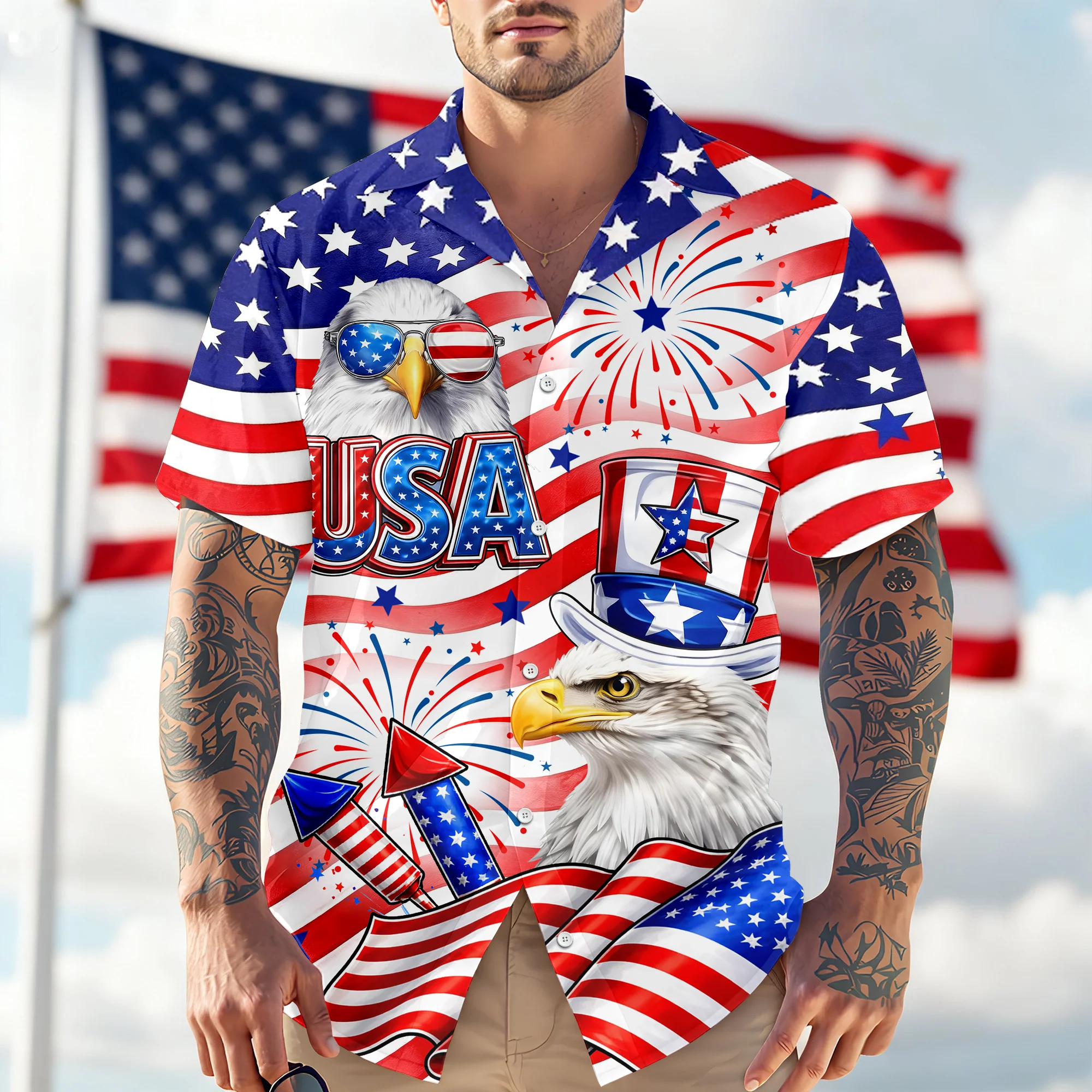 America Flag Patriotic Eagle Red White Blue - Hawaiian Shirt - Gift For Men, Patriots - Image 4