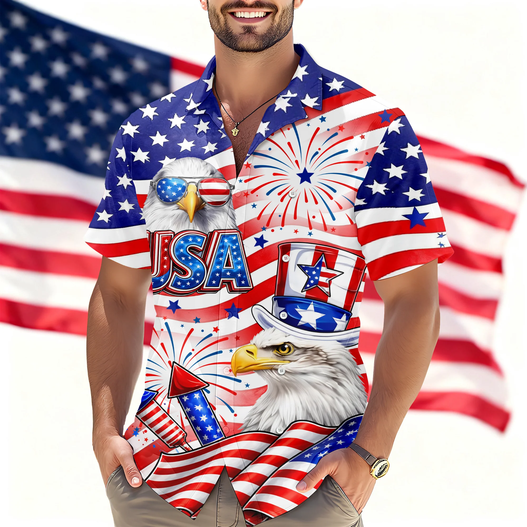 America Flag Patriotic Eagle Red White Blue - Hawaiian Shirt - Gift For Men, Patriots - Image 6