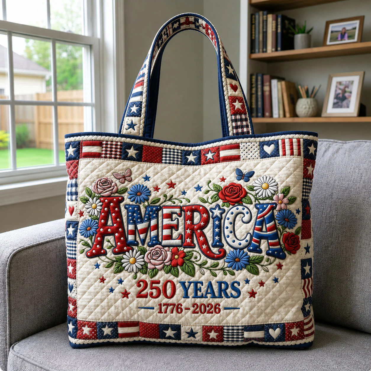 America Floral 250 Years Of Freedom - Patriotic Quilted Tote Bag - Gift For Her, Patriots