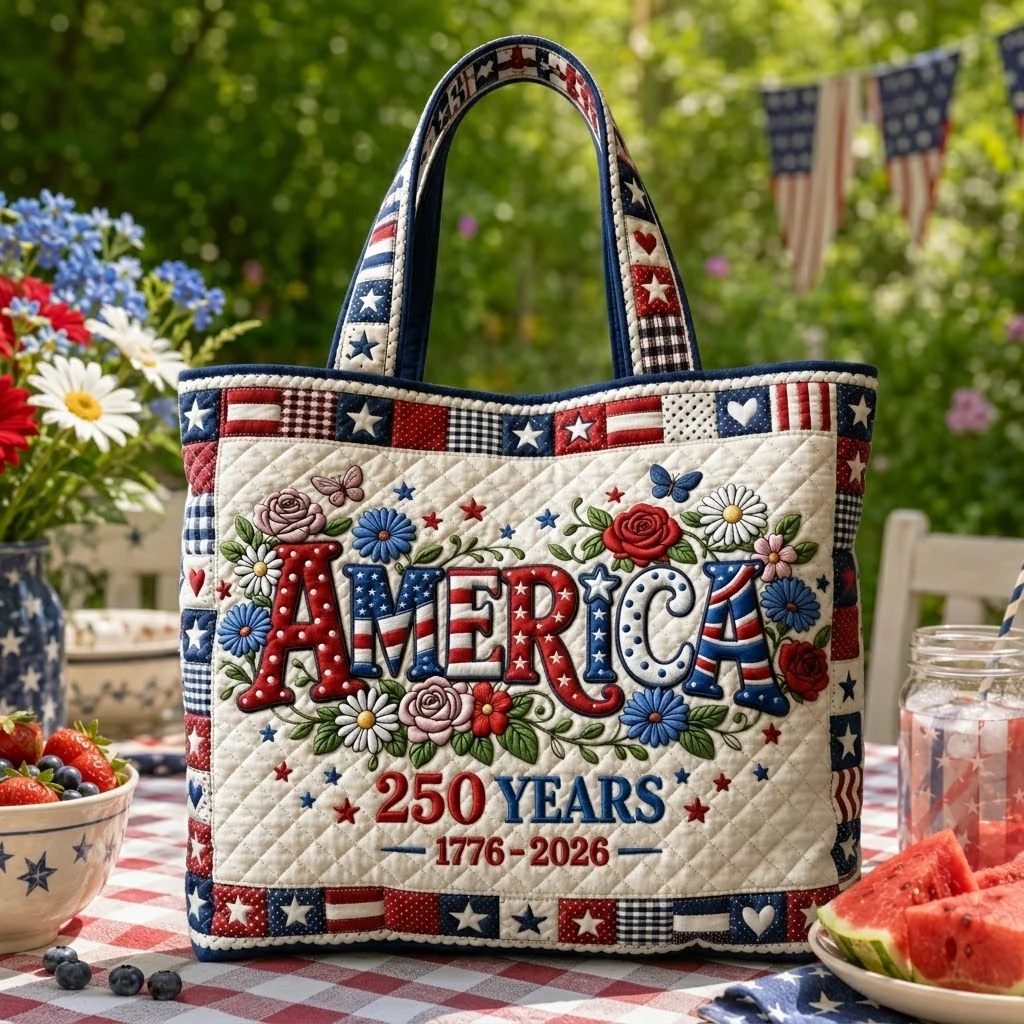 America Floral 250 Years Of Freedom - Patriotic Quilted Tote Bag - Gift For Her, Patriots - Image 2