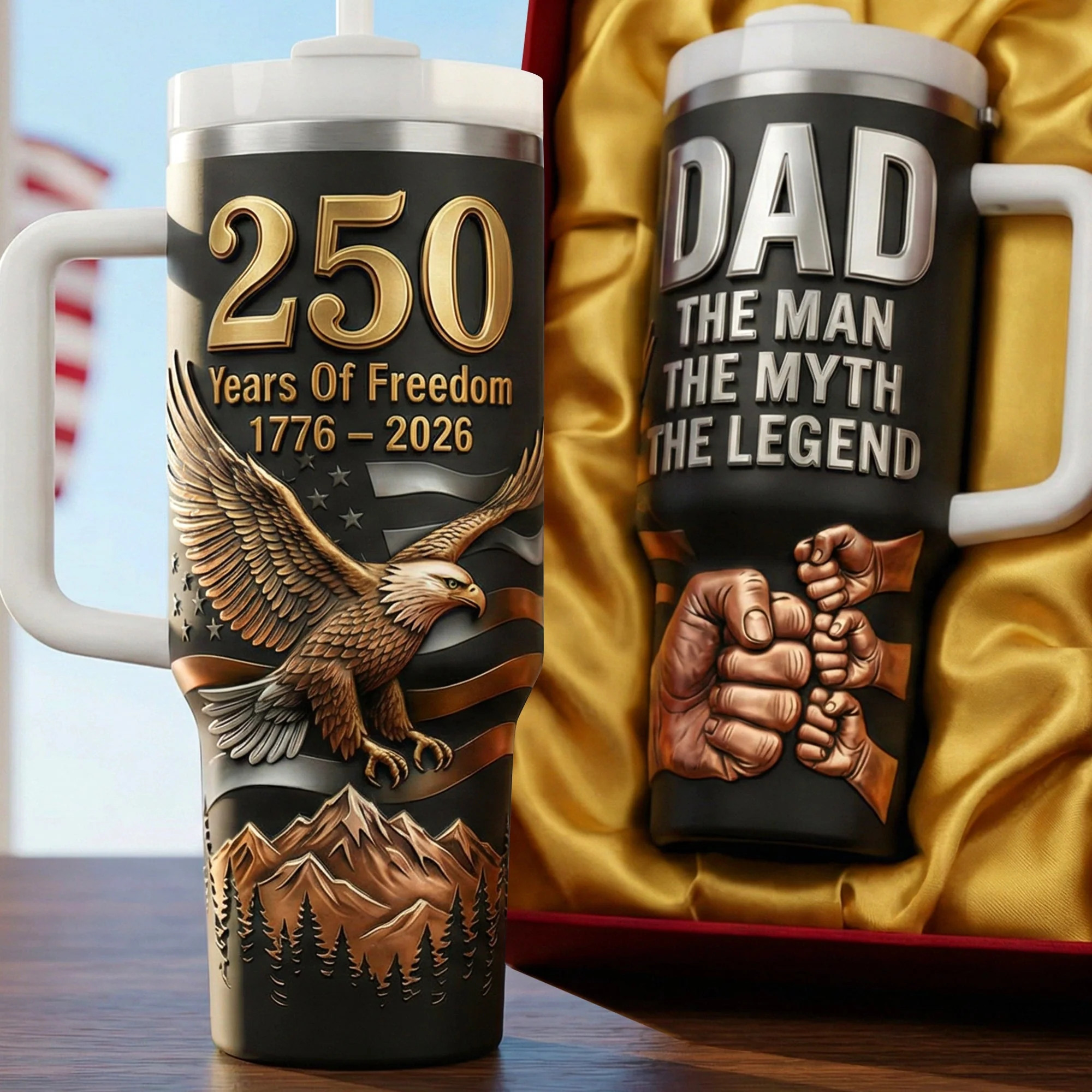American  250 Years of Freedom With Eagle Patriotic - Personalized Tumbler - Gifts For Dad