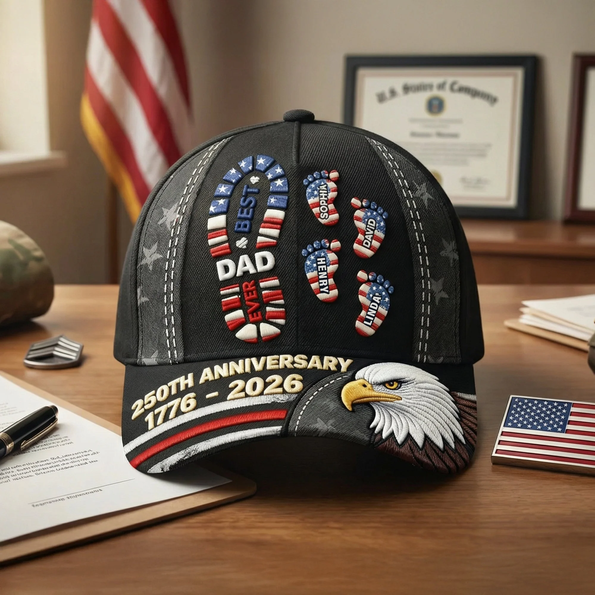 American 250th Anniversary Best Dad Ever Patriotic Footprints -Personalized Classic Cap - Gift For Dad - Image 2