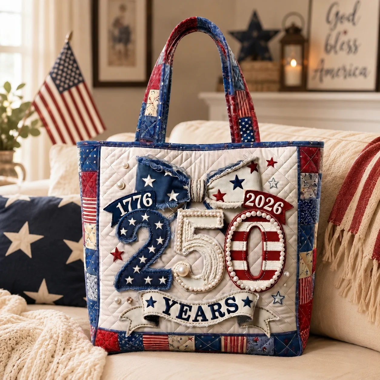 American Commemorative 250 Years Of Freedom Keepsake Gift - Personalized Patriotic Quilted Tote Bag - Gift For Her - Image 2
