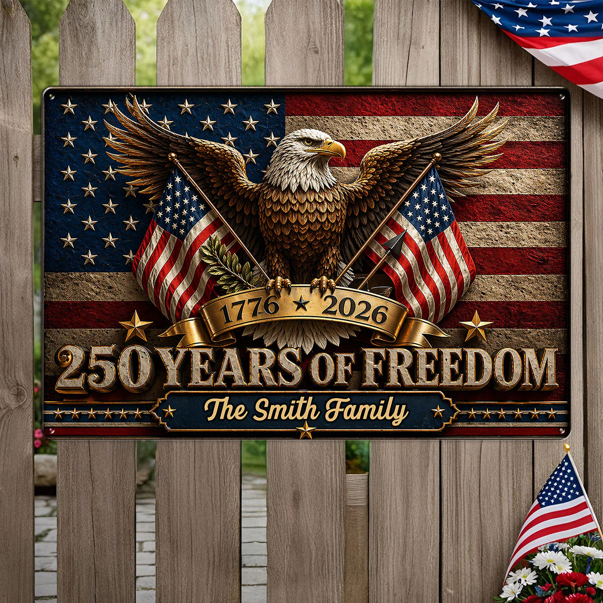 American Flag 250 Years Of Freedom Eagle - Personalized Shaped Metal Sign - Gift For Patriotic Family