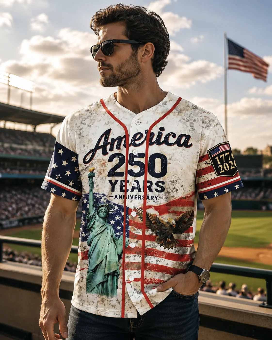 American Flag 250 Years of Freedom Patriotic Eagle Statue of Liberty - Personalized Baseball Jersey - Gift For Patriots - Image 2
