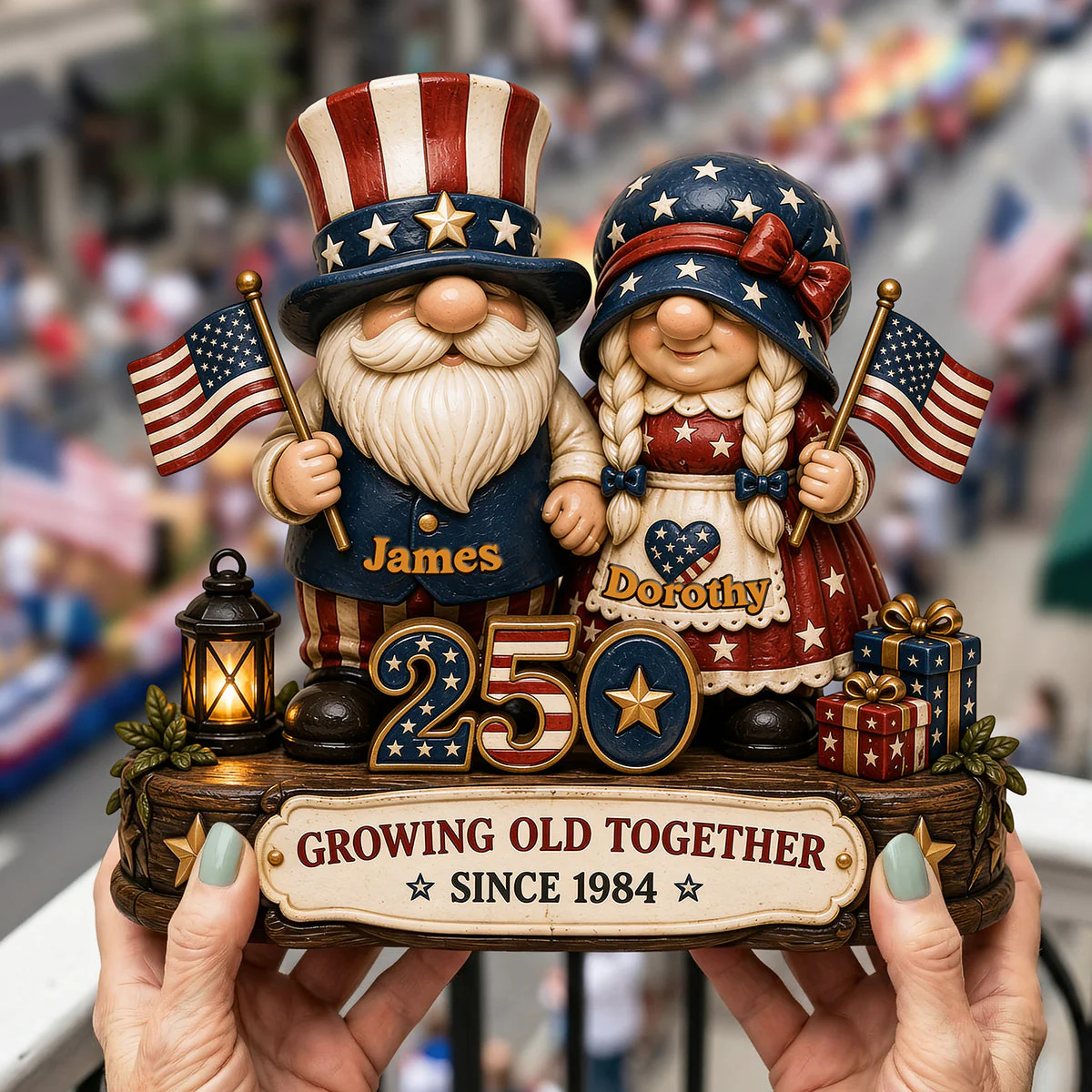 American Flag 250th Anniversary Gnome Couple Growing Old Together - Personalized Acrylic Plaque - Gift For Patriotic Family, Couple - Image 2
