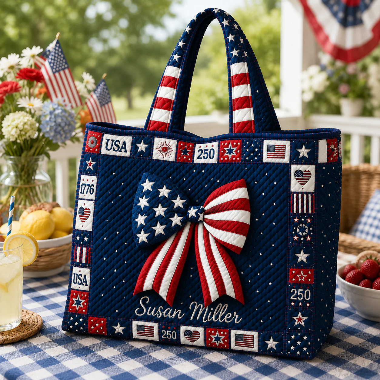 American Flag 250th Anniversary Patriotic Bow - Personalized Quilted Tote Bag - Gift For Her - Image 4