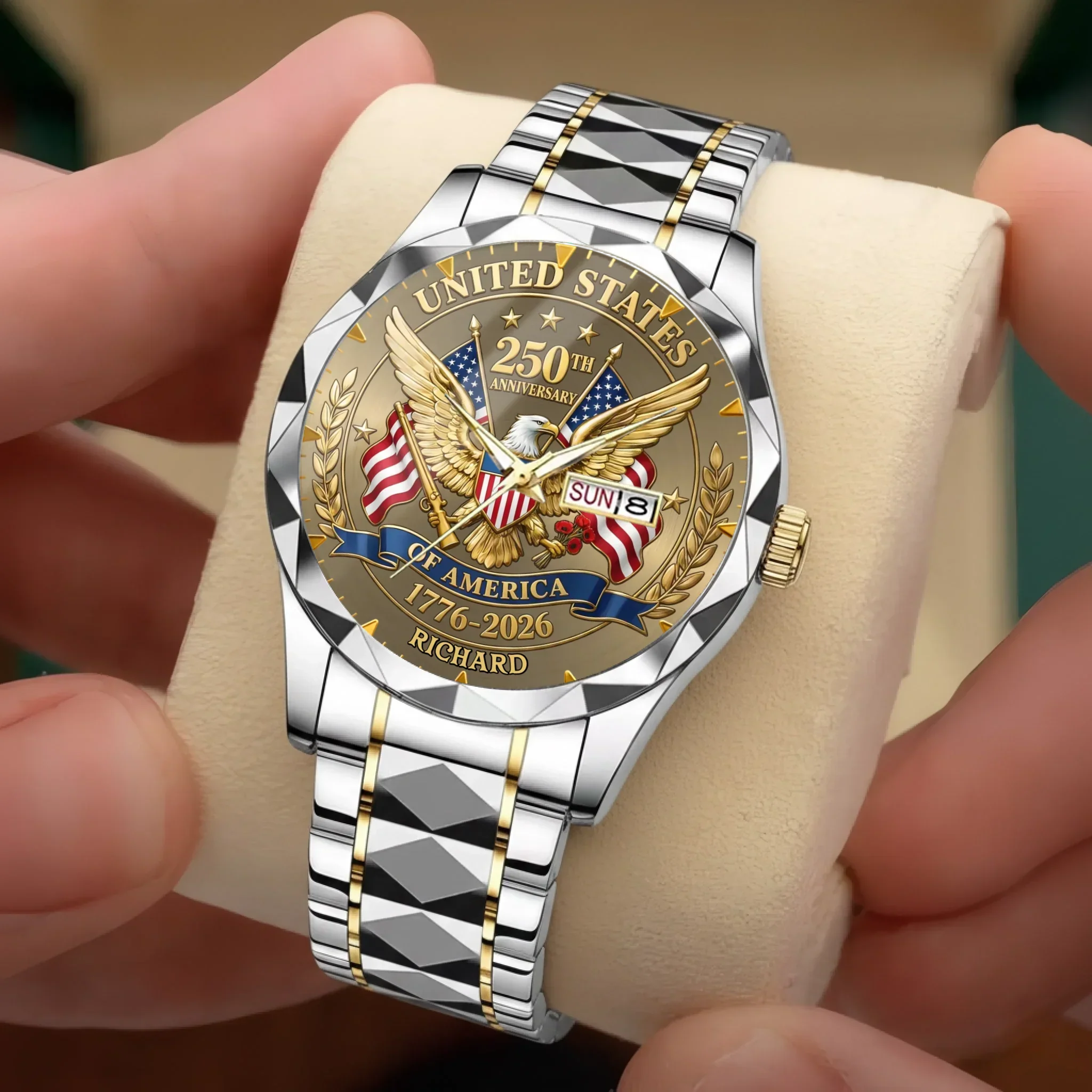 American Flag 250th Anniversary Patriotic Eagle - Personalized Men's Wrist Watch - Gift For Men, Patriots - Image 2