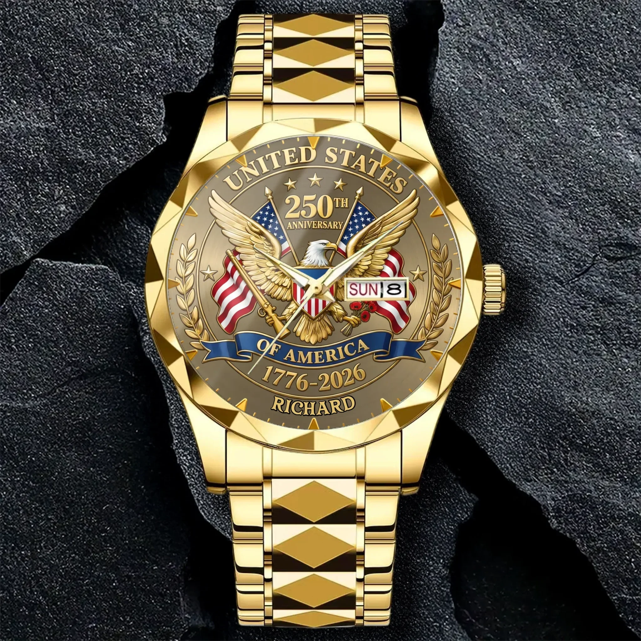 American Flag 250th Anniversary Patriotic Eagle - Personalized Men's Wrist Watch - Gift For Men, Patriots - Image 3