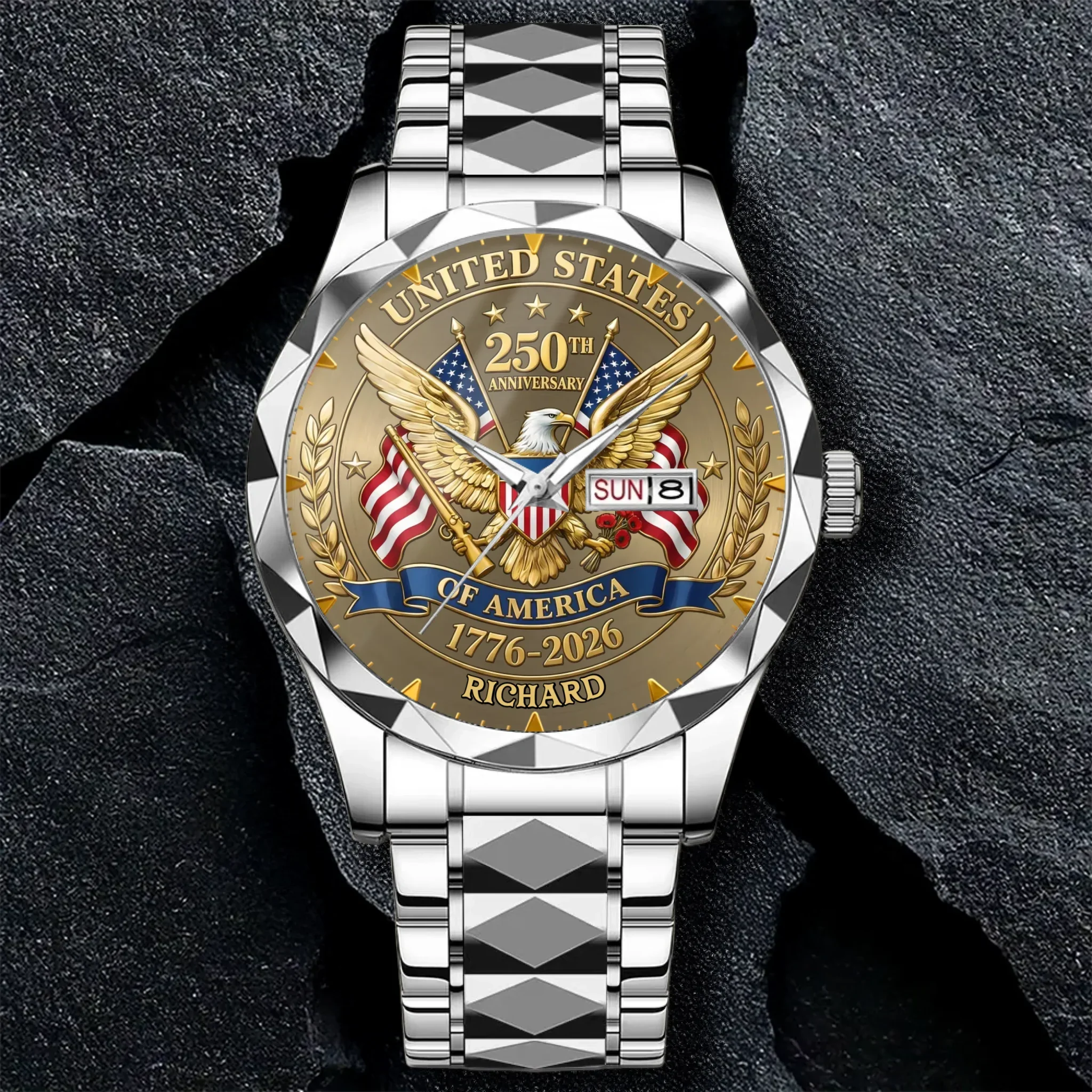 American Flag 250th Anniversary Patriotic Eagle - Personalized Men's Wrist Watch - Gift For Men, Patriots - Image 4