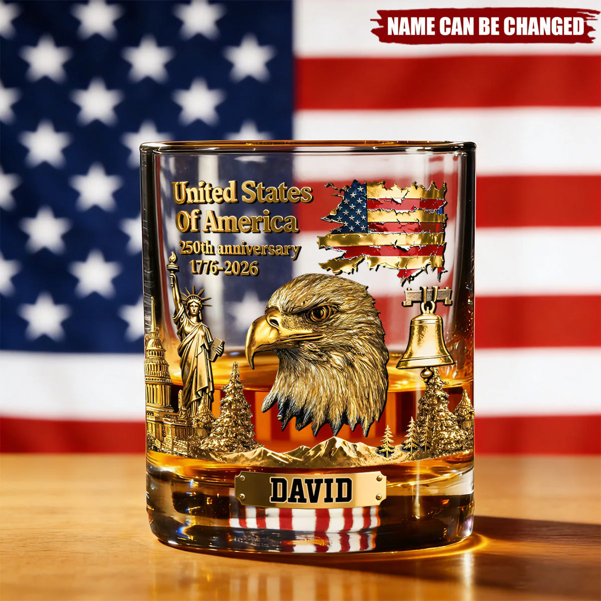 American Flag 250th Anniversary - Personalized Whiskey Glass - Gift For Patriots
