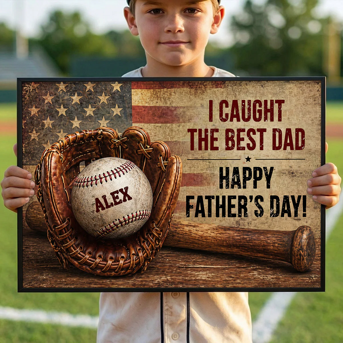 American Flag Baseball Gloves We Caught The Best Dad - Personalized Poster Canvas - Gift For Dad - Image 6